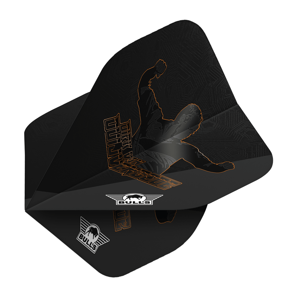 Das Bild zeigt ein schwarzes Dartflight mit einer orangenen Umrissgrafik eines jubelnden Spielers. Darauf steht der Name "Dirk Van Duijvenbode" und das Bulls-Logo ist sichtbar.