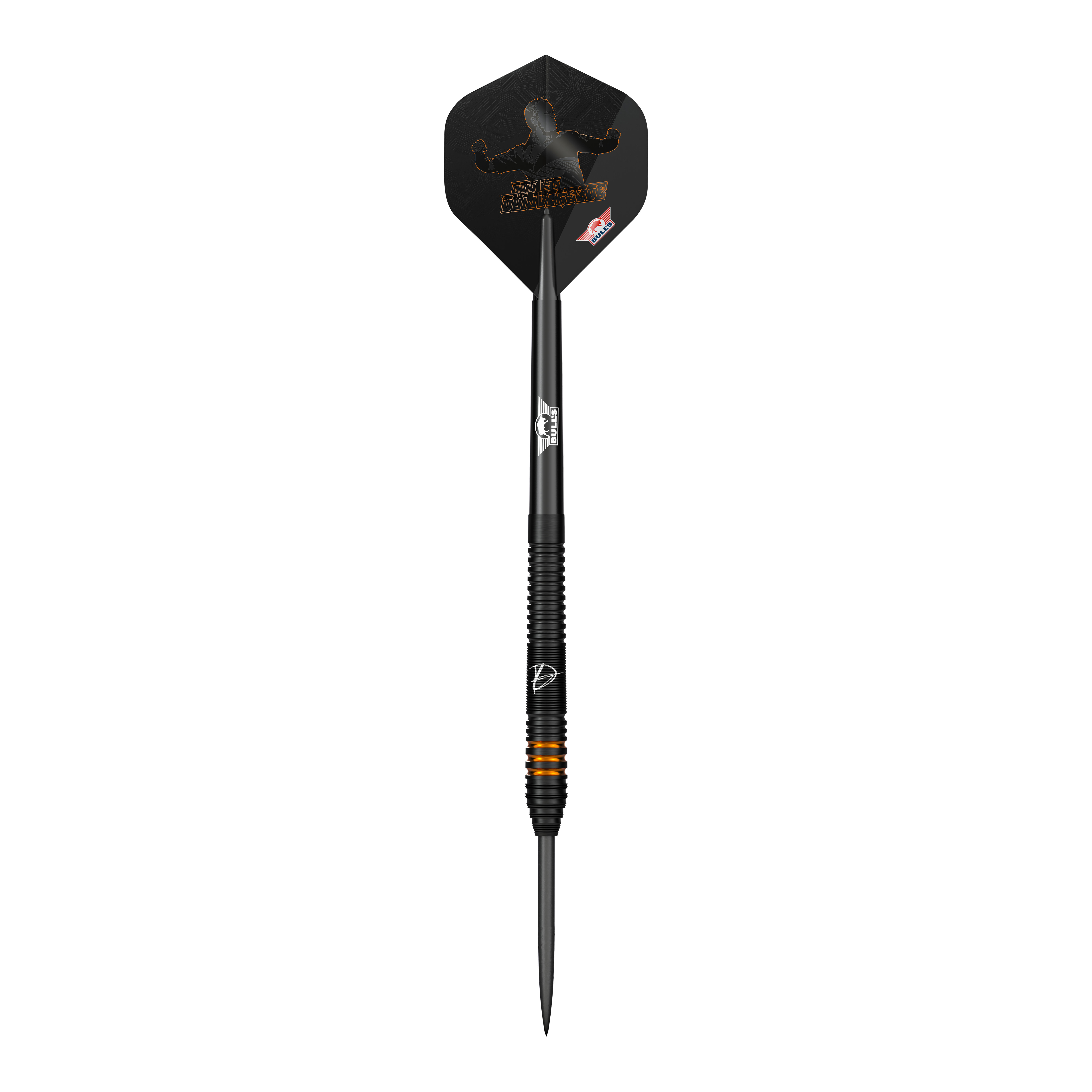 Bulls NL Dirk Van Duijvenbode Edition 2 Steeldarts Auf dem Bild ist ein Steeldart aus der Serie "Bulls NL Dirk Van Duijvenbode Edition 2" zu sehen. Der Dart ist überwiegend schwarz mit orangefarbenen Akzenten und hat eine auffällige Flights-Gestaltung.
