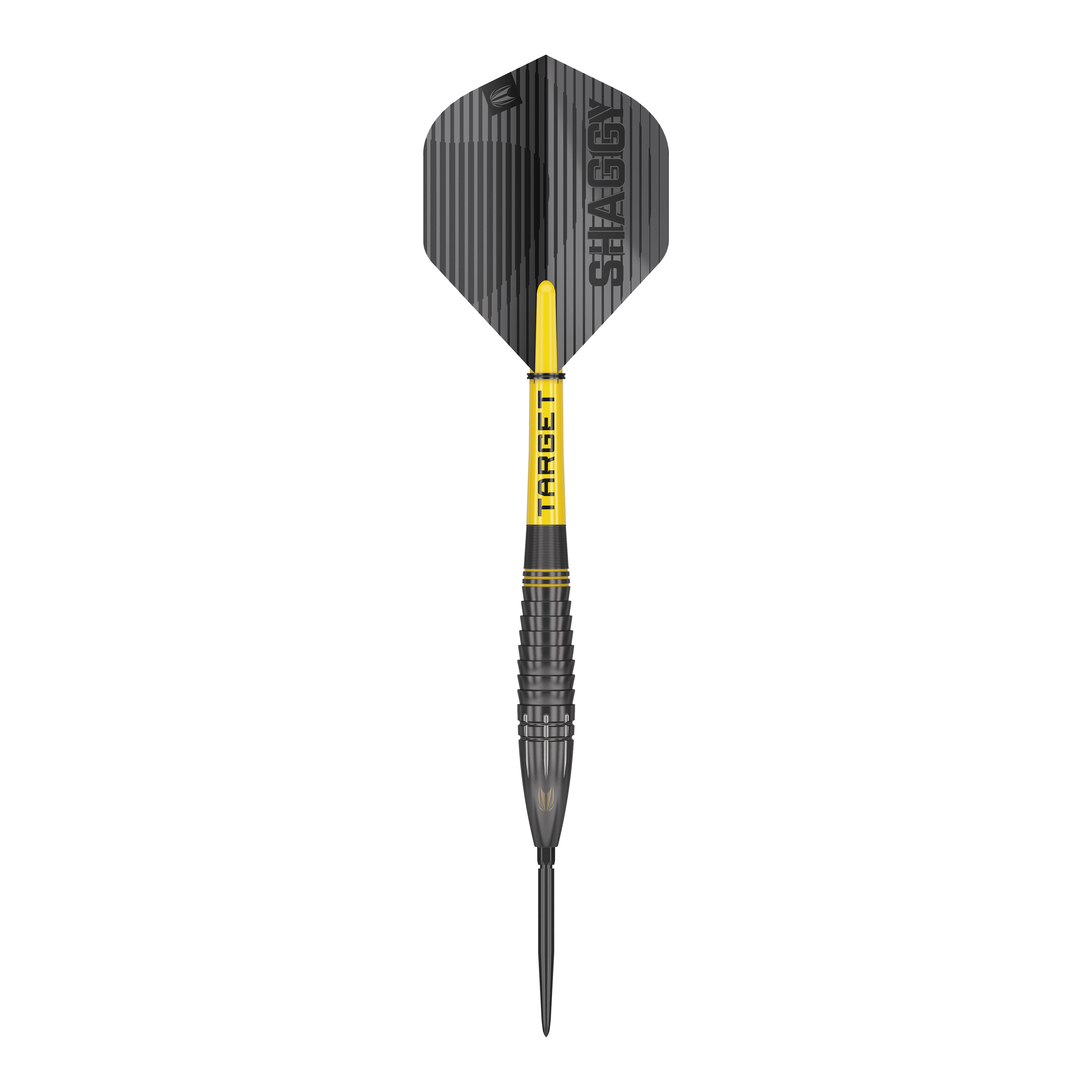 Dies ist ein Target Scott Williams Shaggy Black Swiss Point Steeldart. Der Dart hat ein schwarzes Design mit gelben Akzenten und der Aufschrift "SHAGGY" auf dem Flight.
