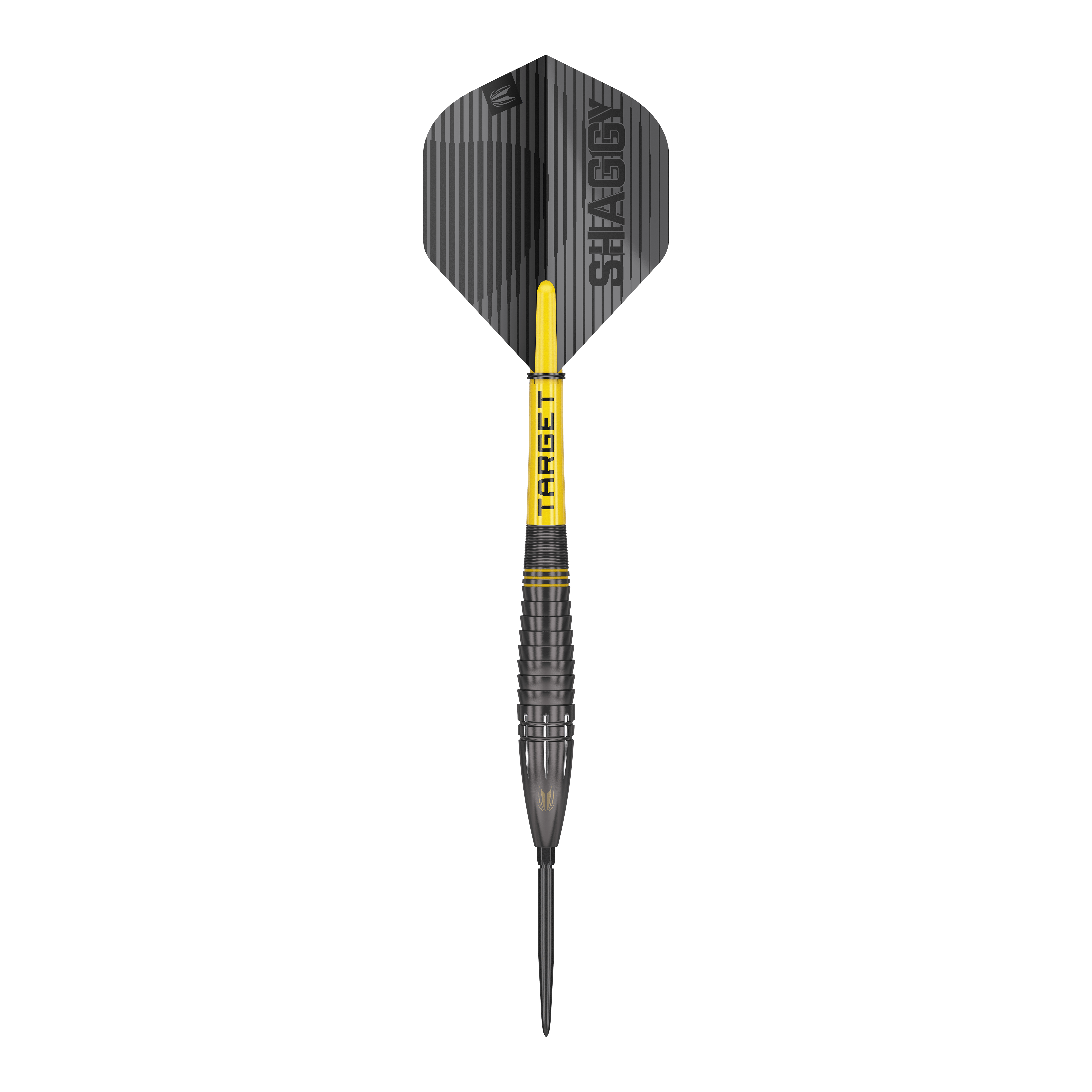 Target Scott Williams Shaggy Black Swiss Point Steeldarts Dies ist ein Target Scott Williams Shaggy Black Swiss Point Steeldart. Der Dart hat ein schwarzes Design mit gelben Akzenten und der Aufschrift "SHAGGY" auf dem Flight.