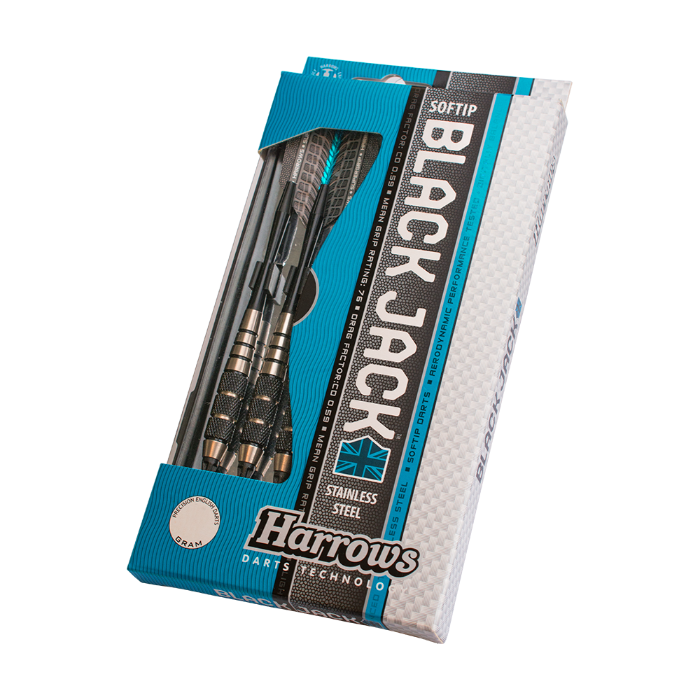 Die Abbildung zeigt eine Verpackung mit drei Softtip-Darts der Marke Harrows. Auf der Schachtel steht „Black Jack“ und sie besteht aus Edelstahl.