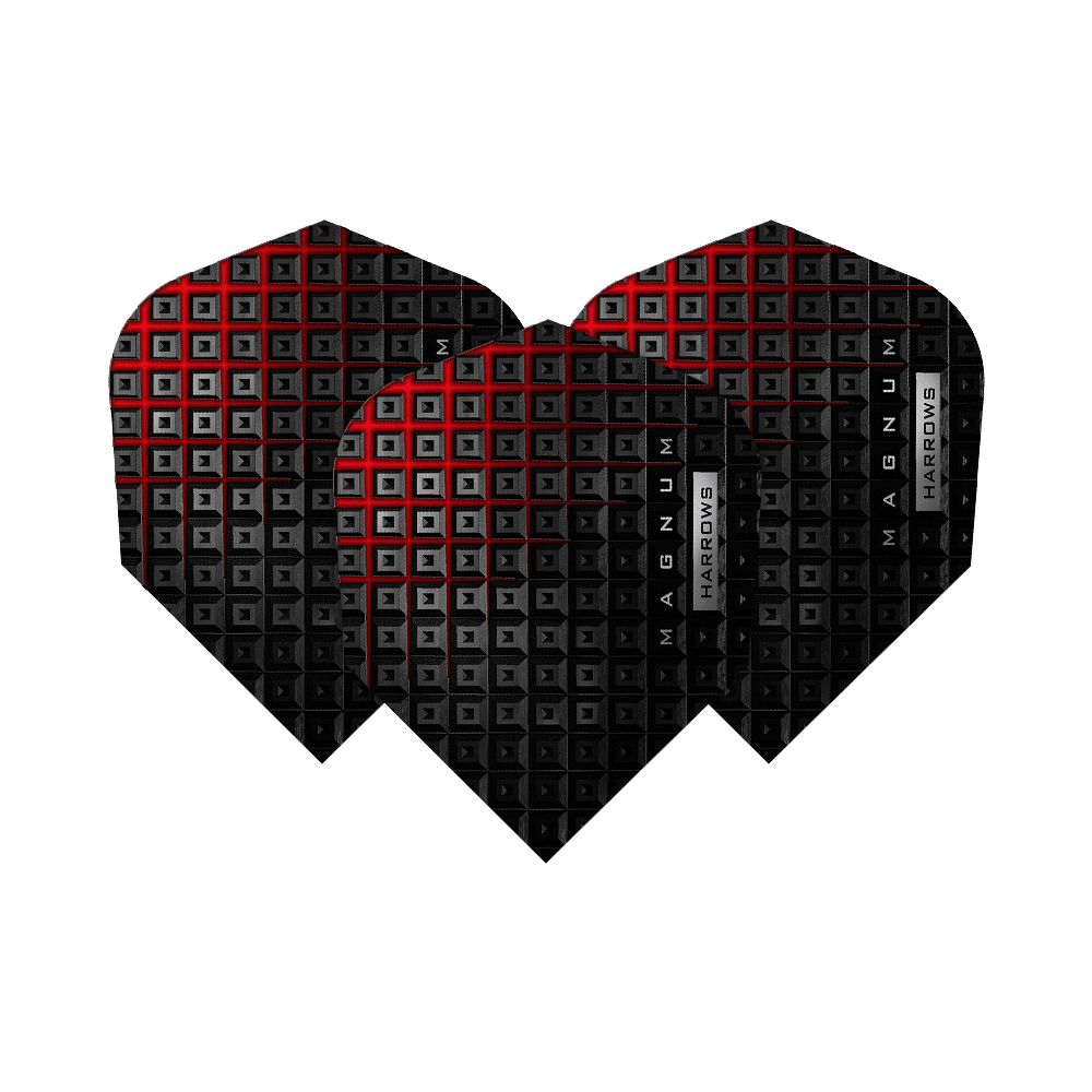 HR36_Harrows_Prime_Magnum_Reloaded_Standard_Flights_1sJnjQQhU0FT7V Das Bild zeigt die Harrows Prime Magnum Reloaded Standard Flights. Die Flights sind schwarz mit roten und silbernen Akzenten und haben ein modernes, geometrisches Muster.
