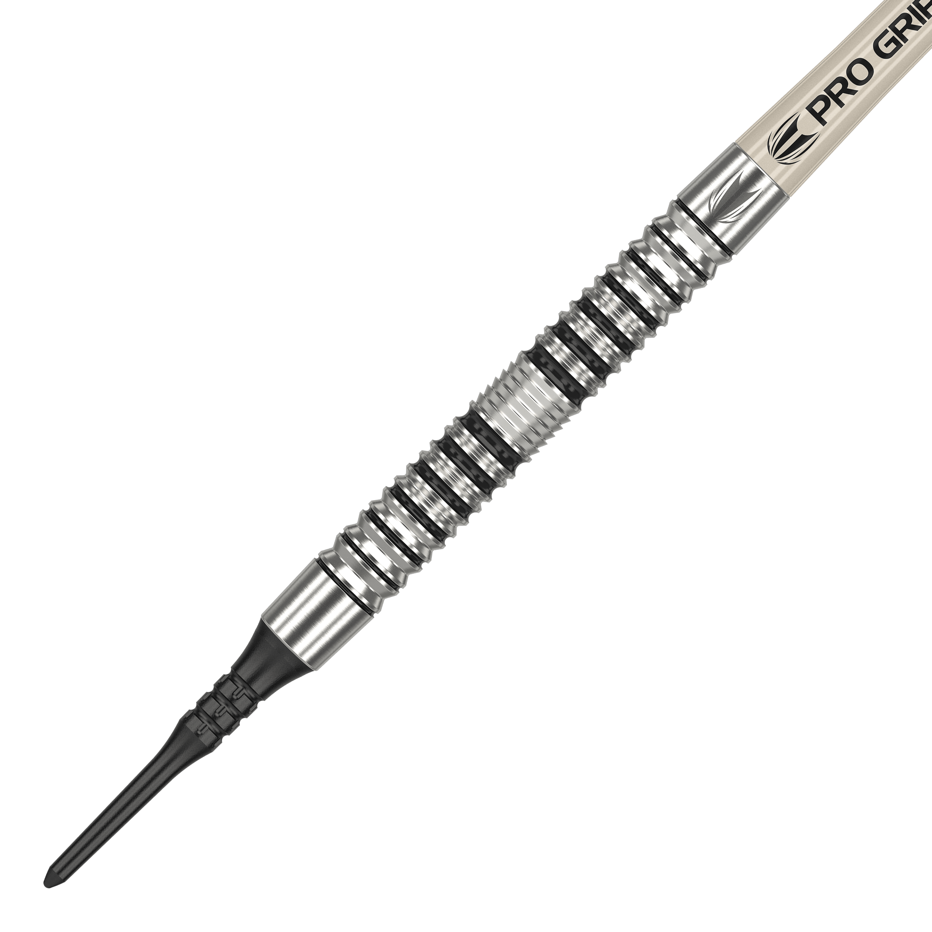 Target EXO 10 Softdarts Das Bild zeigt einen Target EXO 10 Softdart. Der Dartpfeil hat ein silbernes, gerilltes Griffstück und eine schwarze Kunststoffspitze.