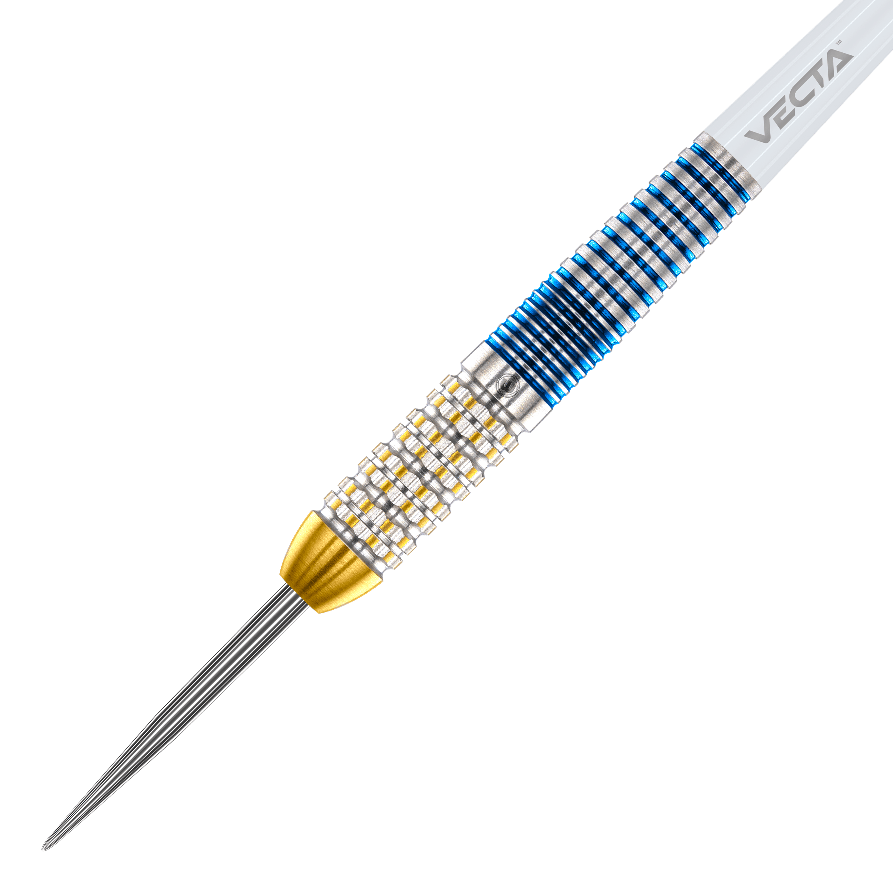 Winmau Steve Beaton Legend Series Steeldarts Das Bild zeigt einen Winmau Steve Beaton Legend Series Steeldart. Der Dart hat ein silbernes, goldfarbenes und blaues Design mit einer strukturierten Griffzone.