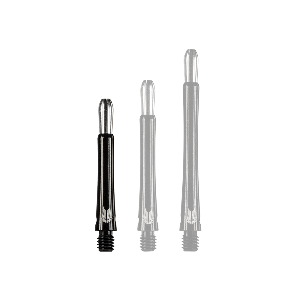 146230_Target_Grip_Style_Aluminium_Shafts_Schwarz_348mm_1Helm198qxQmEr Das Bild zeigt drei schwarze Aluminium-Dartschäfte in unterschiedlichen Längen. Die Schäfte haben ein glänzendes Metallende und ein eingraviertes Muster.