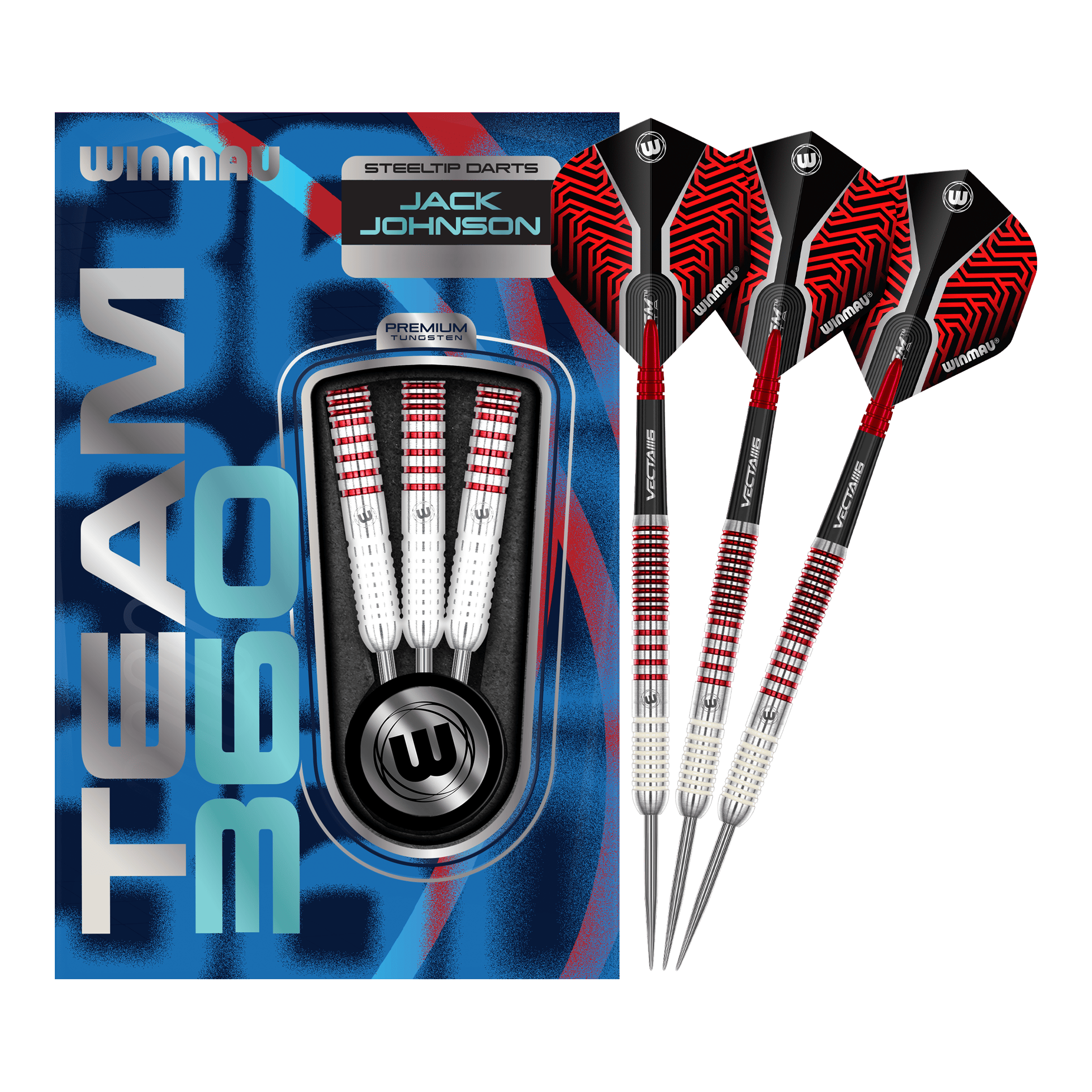 Winmau Team 360 Jack Johnson Steeldarts - 24g Das Bild zeigt das komplette Set der Winmau Team 360 Jack Johnson Steeldarts mit 24g. Die Steeldarts sind für präzises Werfen entwickelt.