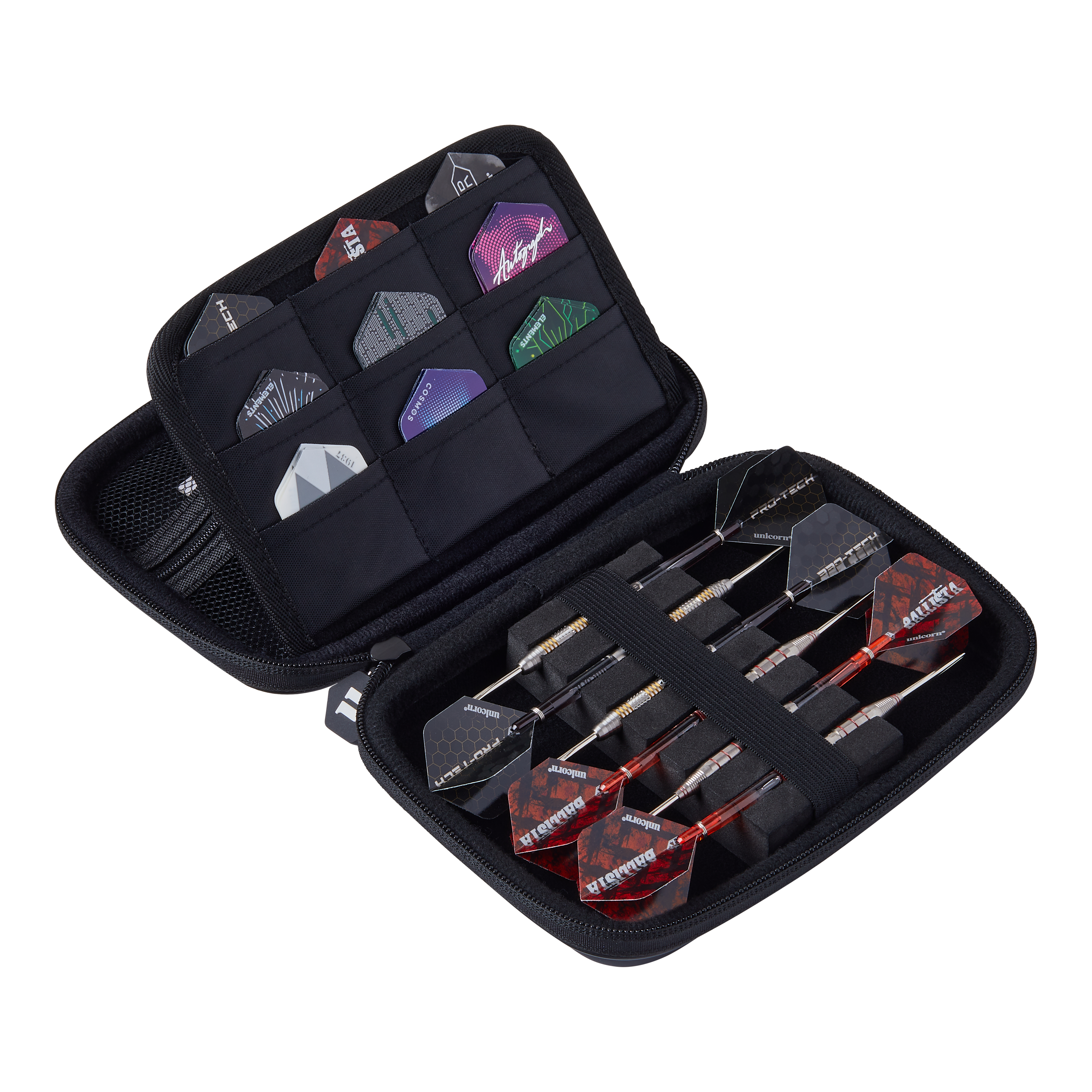 Unicorn Ultra Gary Anderson Dartwallet Das Bild zeigt das Unicorn Ultra Gary Anderson Dartwallet, eine aufklappbare Tasche für Dartzubehör. In der Tasche sind mehrere Dartpfeile und Flights ordentlich verstaut.