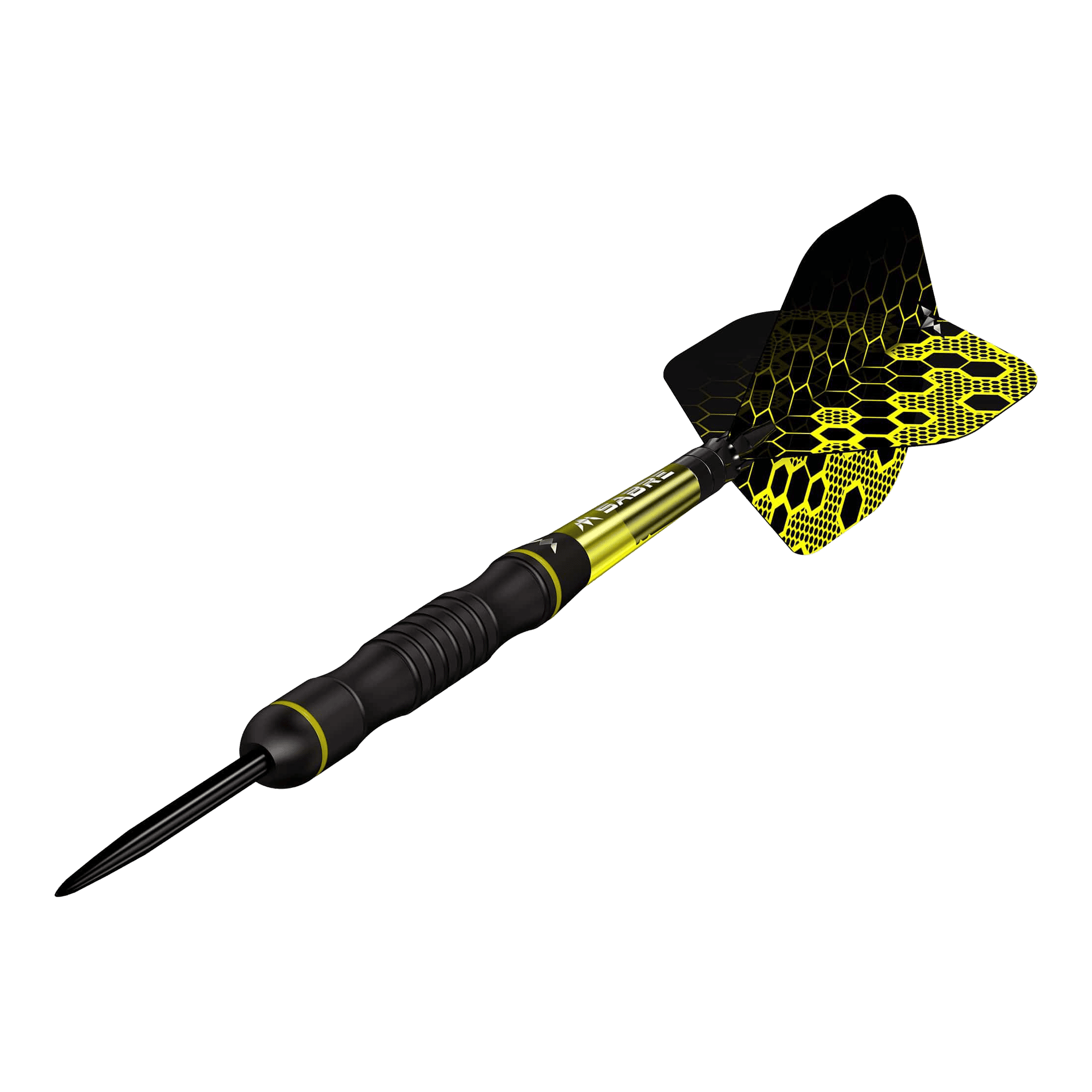 Das Bild zeigt einen Steeldart mit schwarz-gelbem Design und Wabenmuster am Flight. Es handelt sich um das Produkt "Mission Stephen Burton Steeldarts - 23g".