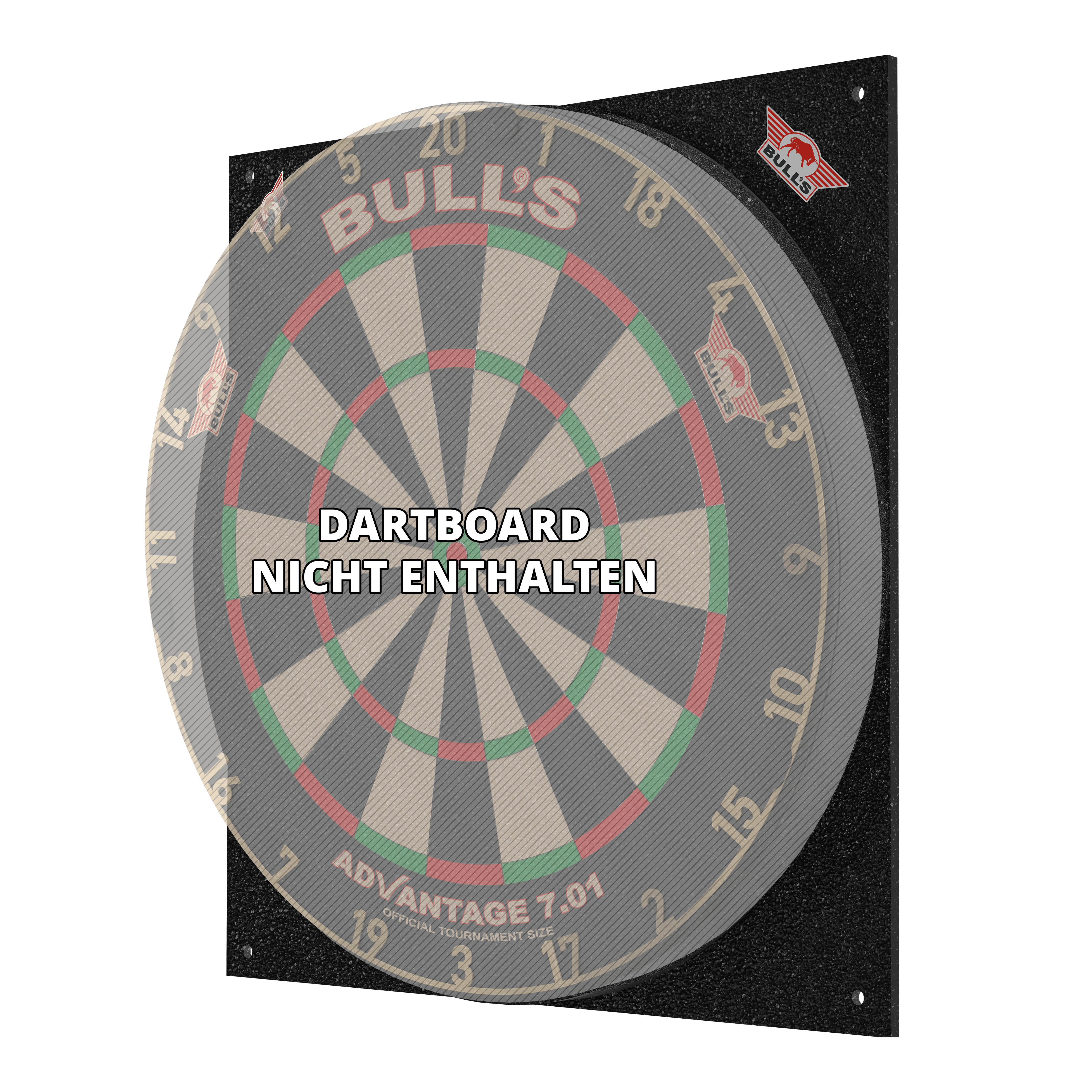Das Bild zeigt den Bulls NL Dartboard Silencer, ein schallreduzierendes Board für Dartspiele. Auf dem Bild steht, dass das Dartboard nicht enthalten ist.
