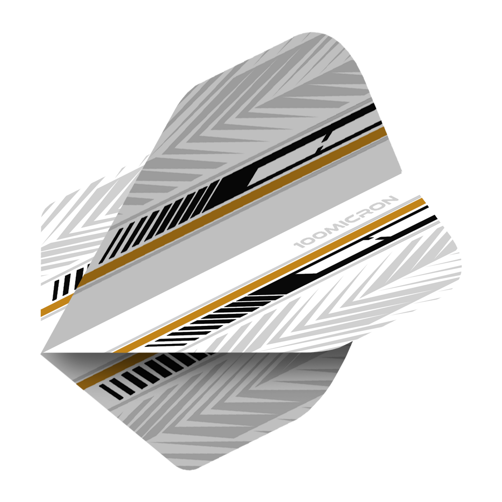 Pentathlon Flights weiß/schwarz/gold Das Bild zeigt ein Dartflight mit einem modernen Design in Weiß, Schwarz und Gold. Die Oberfläche ist mit geometrischen Mustern und Streifen verziert.