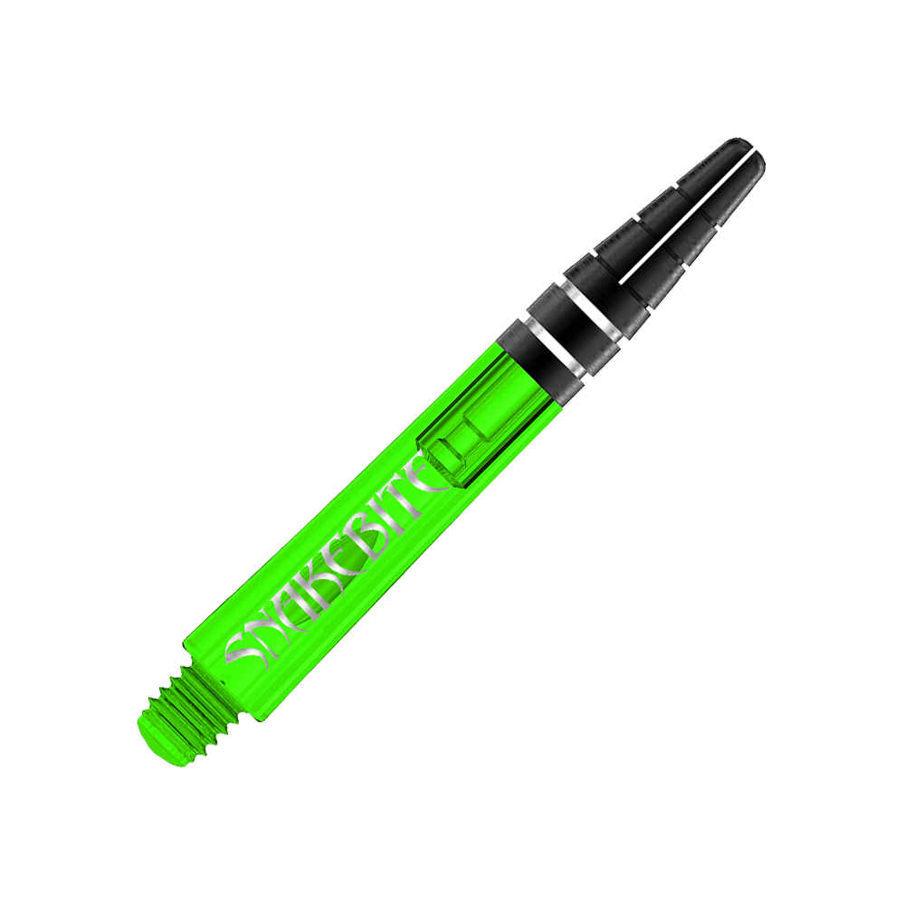 Das Bild zeigt einen grünen Dartshaft mit der Aufschrift "Snakebite." Es handelt sich um den "Red Dragon Nitrotech Peter Wright Shaft" in der Farbe Grün.