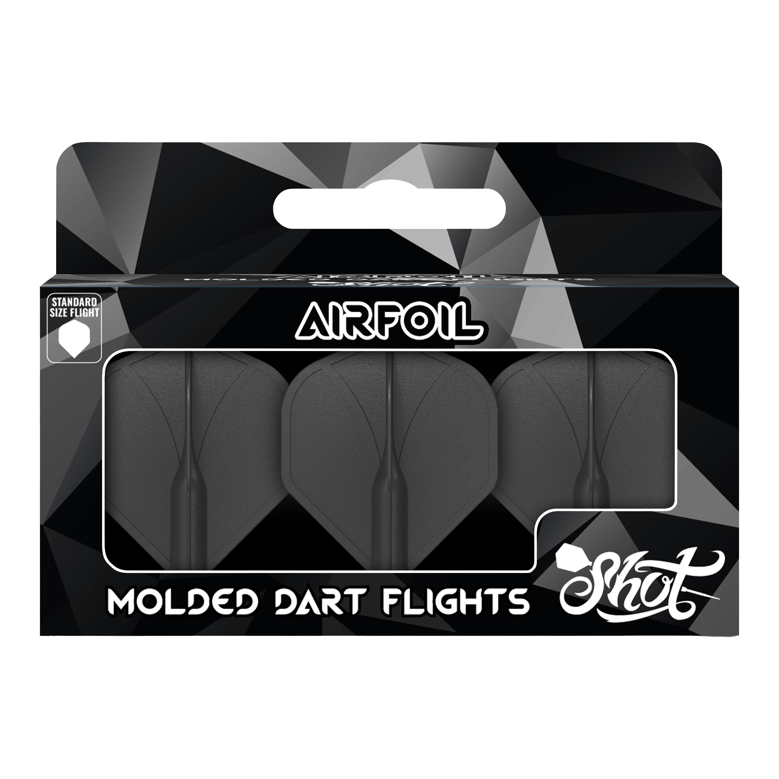 Shot Airfoil Moulded No2 Standard Flights Auf dem Bild ist eine Packung mit drei schwarzen, geformten Dartflights zu sehen. Die Verpackung trägt die Aufschrift „Airfoil“ und „Molded Dart Flights“ der Marke Shot.