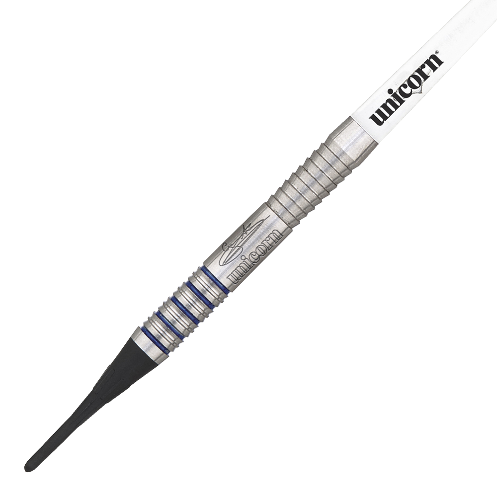Das Bild zeigt einen Softdart der Marke Unicorn, Modell "Silver Star Var.2 Gary Anderson". Der Dart hat einen silbernen Schaft mit blauen Rillen und einen weißen Flight mit dem Aufdruck "unicorn".