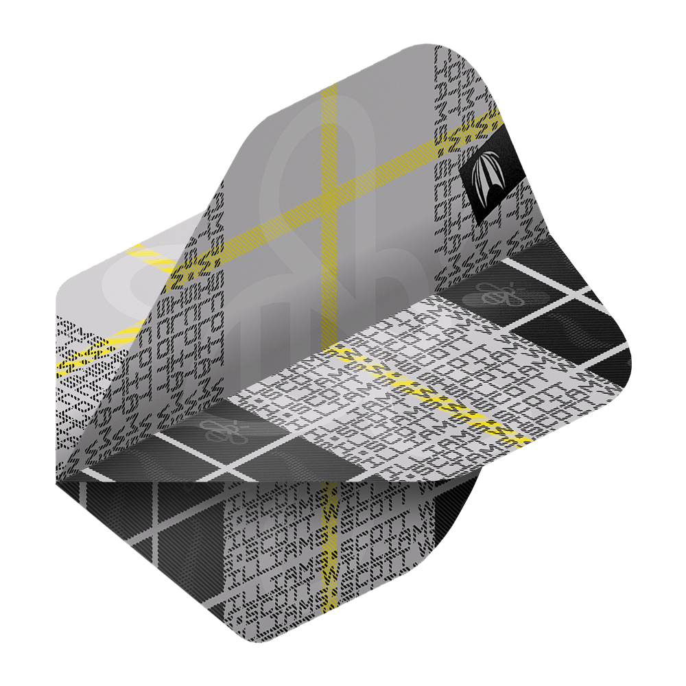 Target Pro Ultra Scott Williams GEN2 No2 Standard Flights - 3 Sets Das Bild zeigt ein Dartflight aus der Serie "Target Pro Ultra Scott Williams GEN2 No2 Standard Flights". Das Design ist in Schwarz, Weiß und Grau mit gelben Linien und einem modernen Muster gehalten.