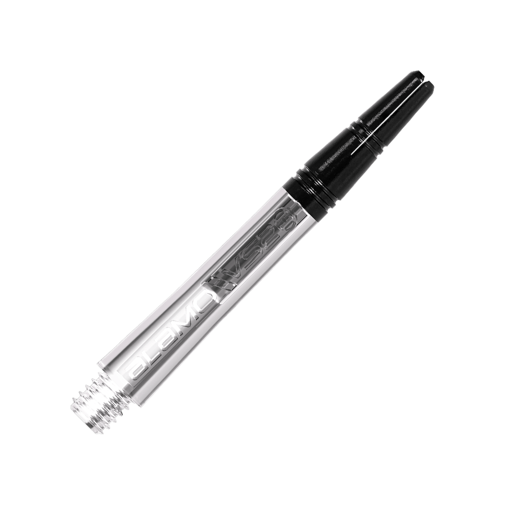 Harrows Alamo VS2 Shafts - Clear Das Bild zeigt einen transparenten Dart-Schaft mit schwarzem oberen Teil. Auf dem Schaft steht der Schriftzug „Alamo VS2“.