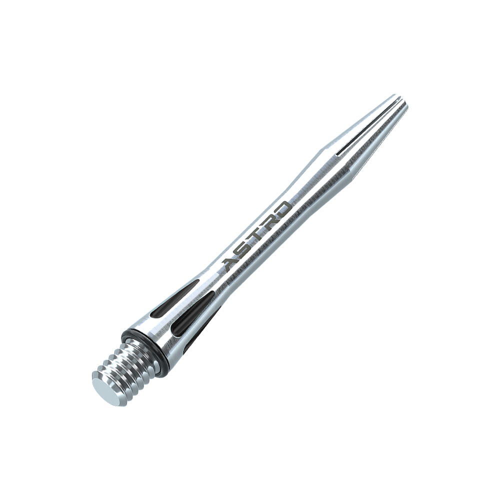 Das Bild zeigt einen silbernen Winmau Astro Aluminium Schaft für Dartpfeile. Der Schaft ist schlank designt und trägt die Aufschrift "ASTRO".