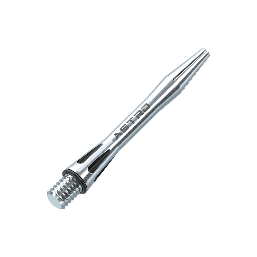 7012-101_Winmau_Astro_Aluminium_Shafts_Schwarz_35mm_2 Das Bild zeigt einen silbernen Winmau Astro Aluminium Schaft für Dartpfeile. Der Schaft ist schlank designt und trägt die Aufschrift "ASTRO".