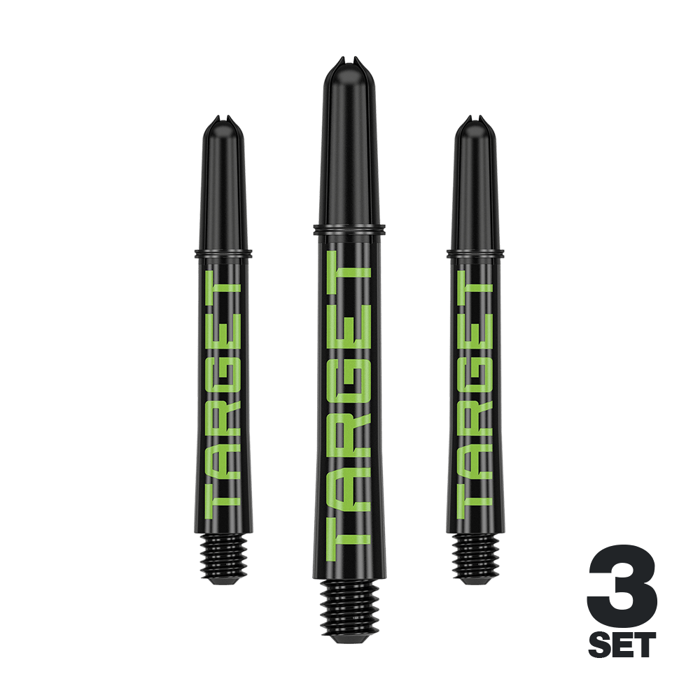 Target Pro Grip TAG Shafts - 3 Sets - Schwarz Grün Ein komplettes Set Dart-Schäfte mit kräftigen Farben ist dargestellt. Die Schäfte sind auf gleichem Abstand angeordnet.