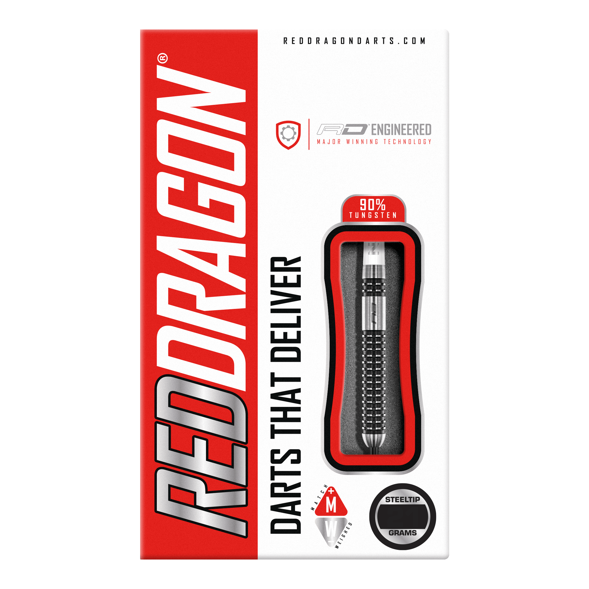 Die Abbildung zeigt die Verpackung der "Red Dragon Gian Van Veen Axis Steeldarts". Auf der Packung ist ein Steeldart mit 90 % Tungsten-Anteil sichtbar.