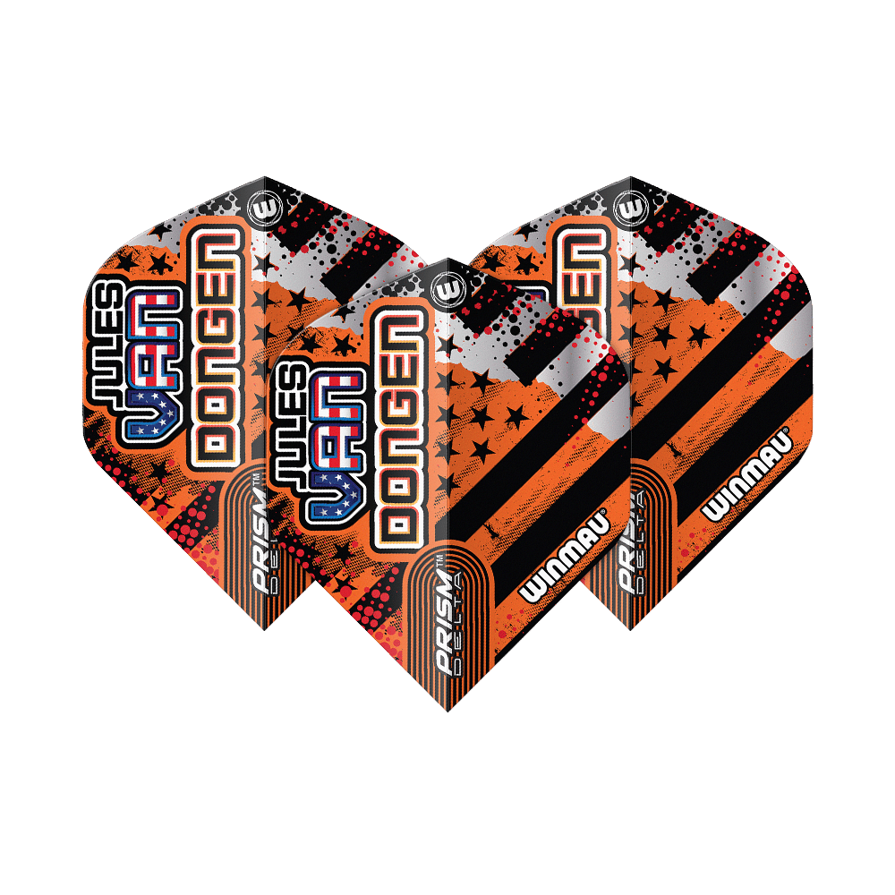 Das Bild zeigt drei Dartflights des Modells "Winmau Prism Delta Jules Van Dongen Standard Flights". Die Flights sind in Schwarz, Orange und Silber gestaltet und tragen den Namen "Jules Van Dongen".