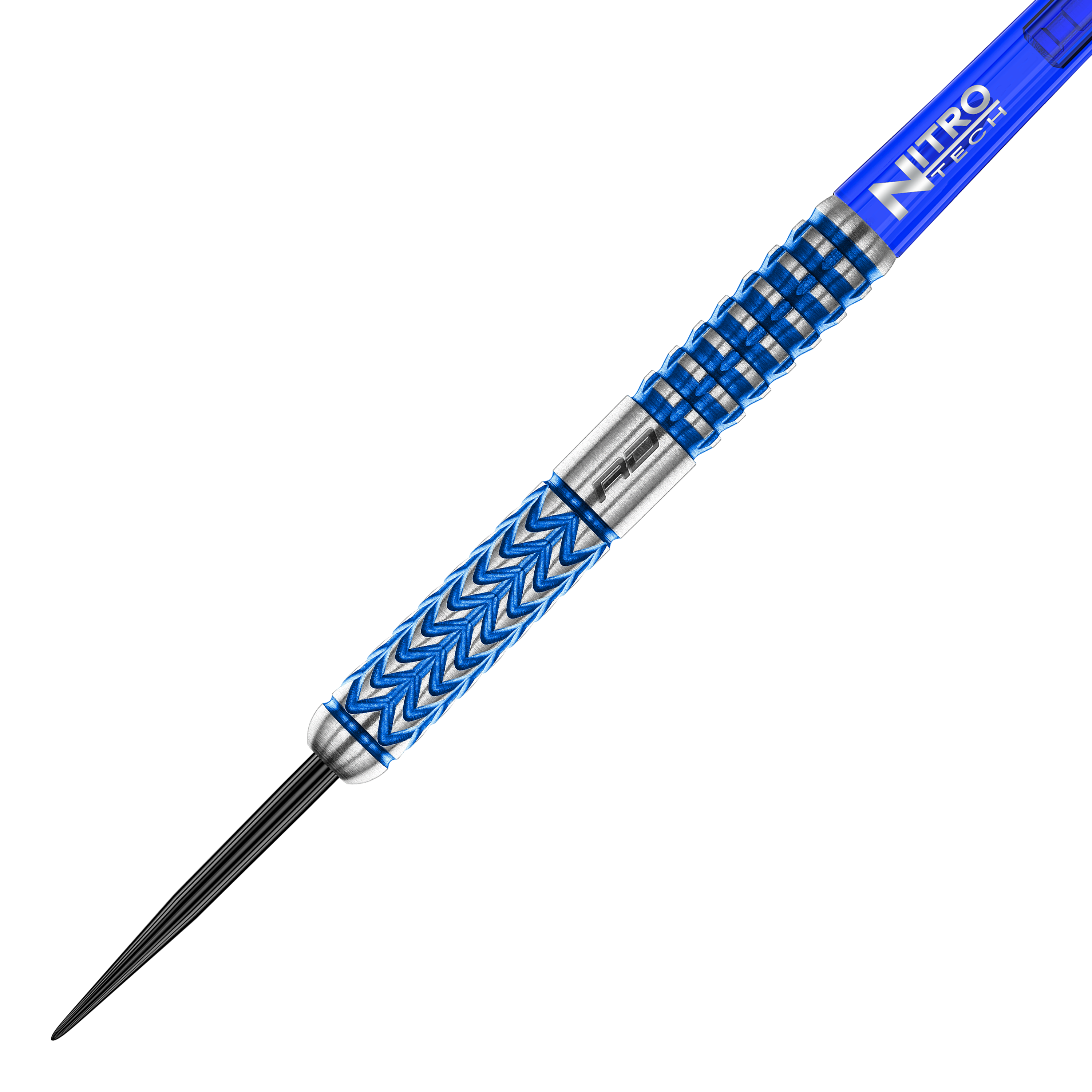 Red Dragon Gerwyn Price Glacier Steeldarts Das Bild zeigt einen stilvollen Steeldart mit blauen und silbernen Akzenten. Der Schaft trägt die Aufschrift „Nitro Tech“ und das Dartdesign ist modern und griffig.