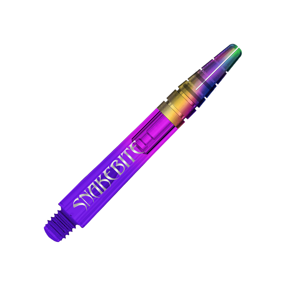 C792_Red_Dragon_Nitrotech_Peter_Wright_Purple_Ionic_Shafts_36mm_2 Auf dem Bild ist ein bunter Dart-Schaft in Lila- und Regenbogenfarben zu sehen. Auf dem Schaft steht das Wort "SNAKEBITE" in weißen Buchstaben.