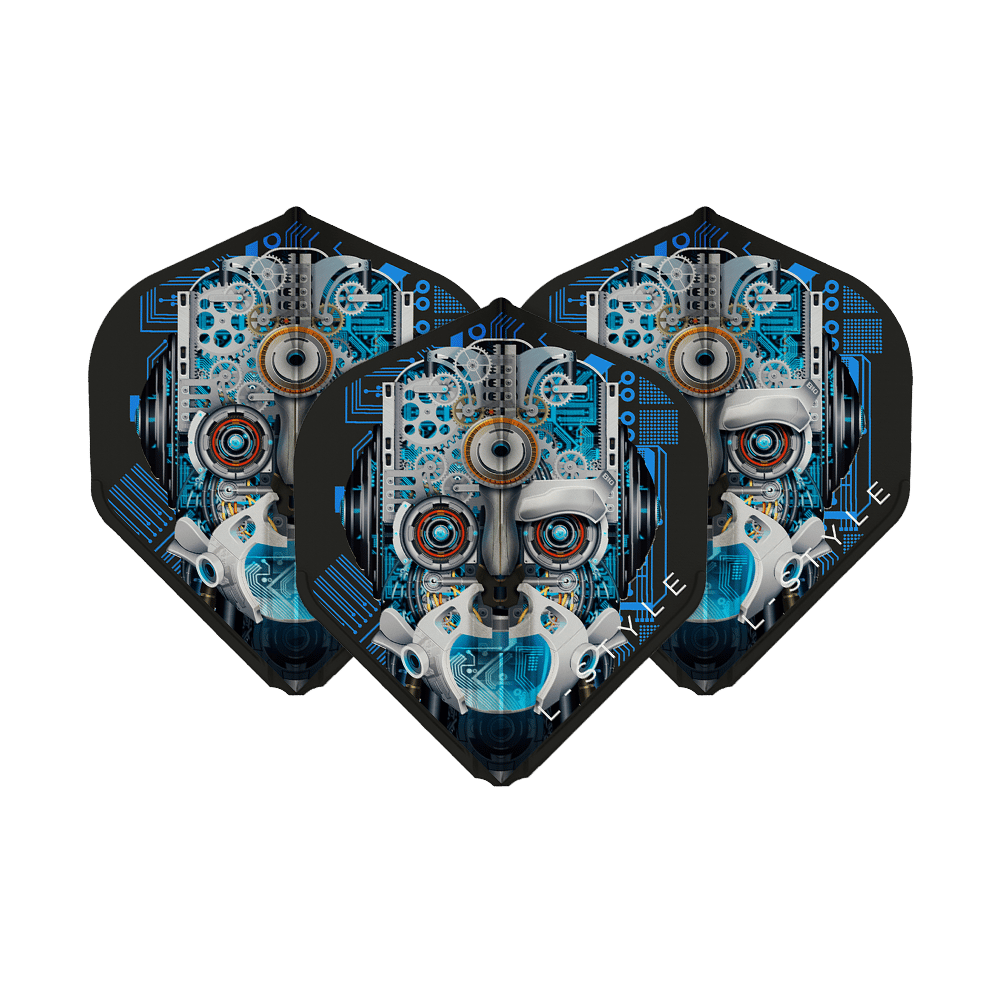 Das Bild zeigt drei schwarze Dart-Flights mit einem auffälligen, technischen Roboter-Gesicht als Design. Die Flights sind das Modell "L-Style Berry Van Peer V3 Black L1EZ".