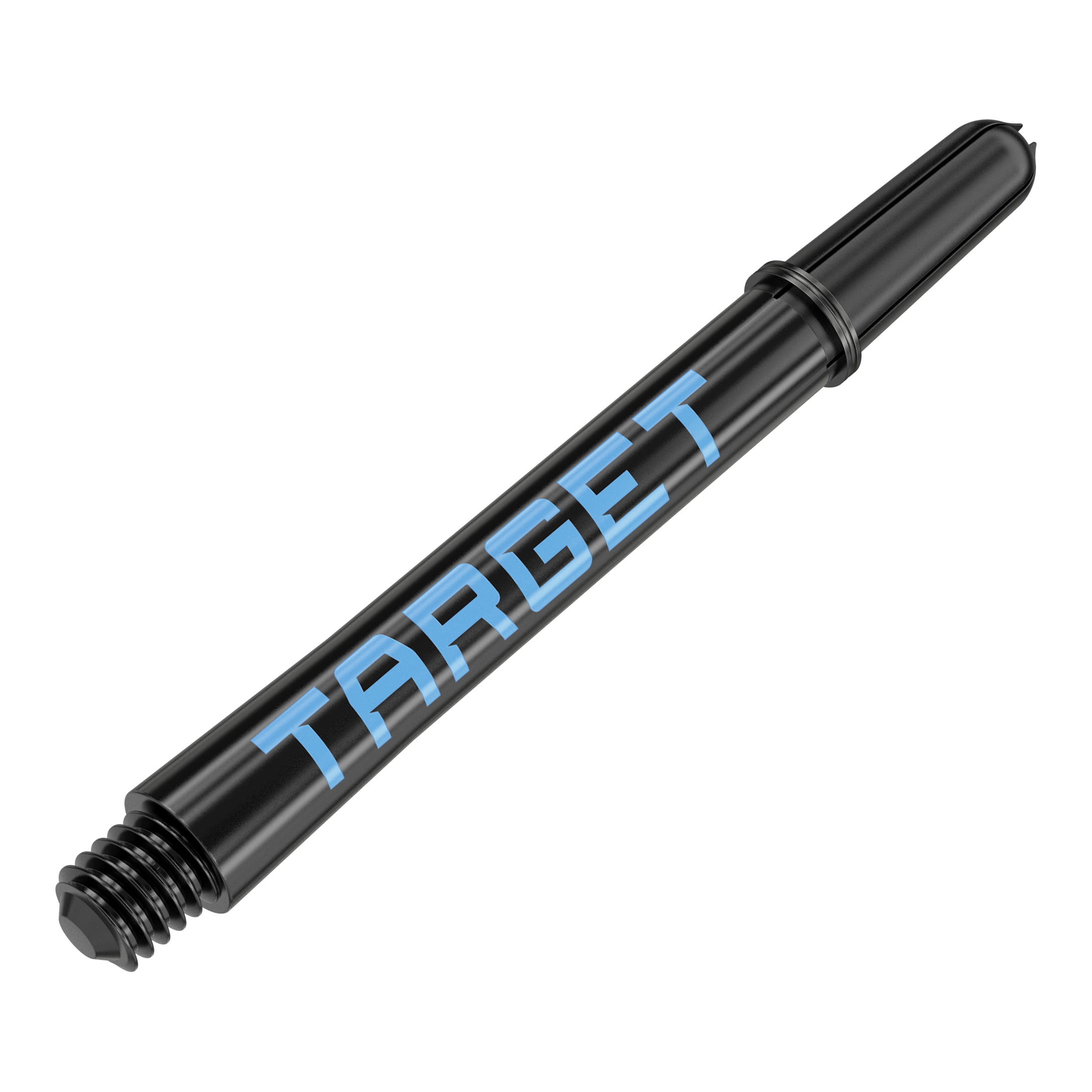 Das Bild zeigt einen schwarzen Dart-Schaft mit blauer Schrift, auf dem "TARGET" steht. Der Schaft hat ein Gewinde am Ende zur Befestigung am Dartpfeil.