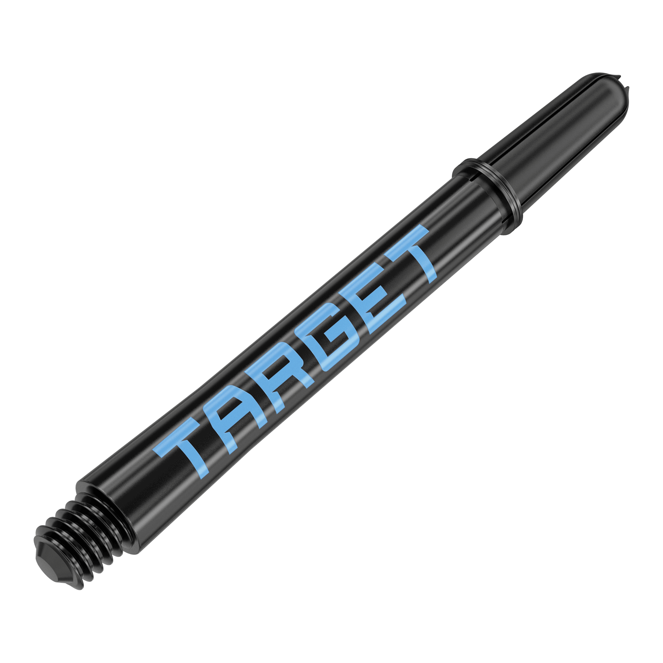 Target Pro Grip TAG Shafts - 3 Sets - Schwarz Blau Das Bild zeigt einen schwarzen Dart-Schaft mit blauer Schrift, auf dem "TARGET" steht. Der Schaft hat ein Gewinde am Ende zur Befestigung am Dartpfeil.