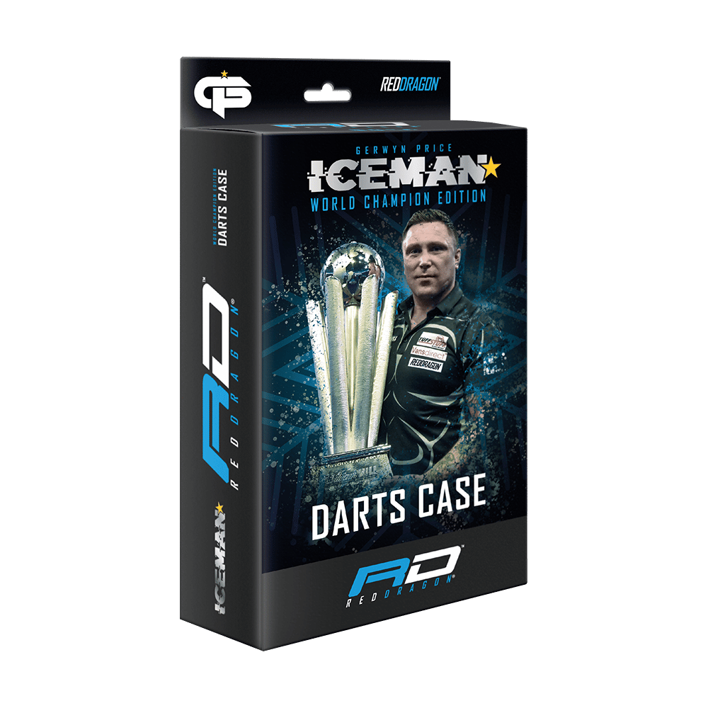 Die Verpackung zeigt das Produkt "Red Dragon Gerwyn Price World Champion Dartcase". Auf der Vorderseite sind ein Dartspieler, eine Trophäe und der Schriftzug "Darts Case" abgebildet.