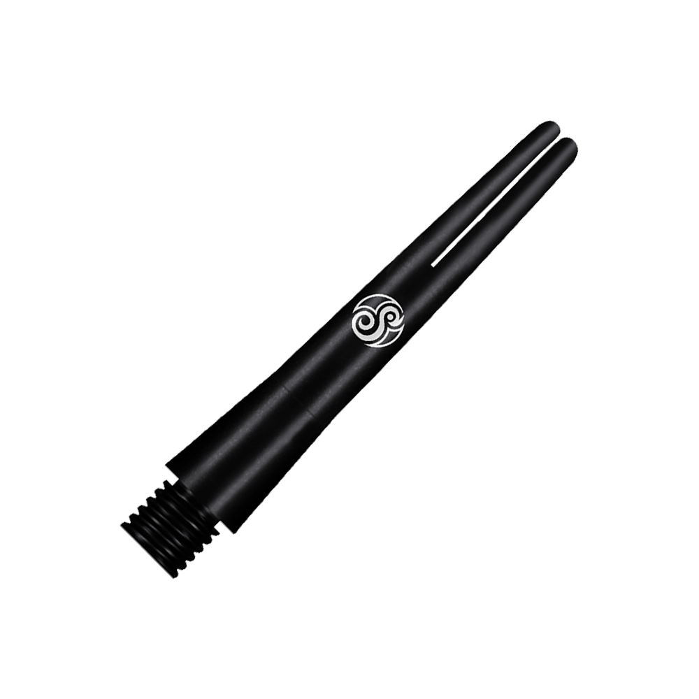 Dies ist ein schwarzer Aluminiumschaft für Darts. Er hat ein elegantes Design mit einem weißen Logo in der Mitte.