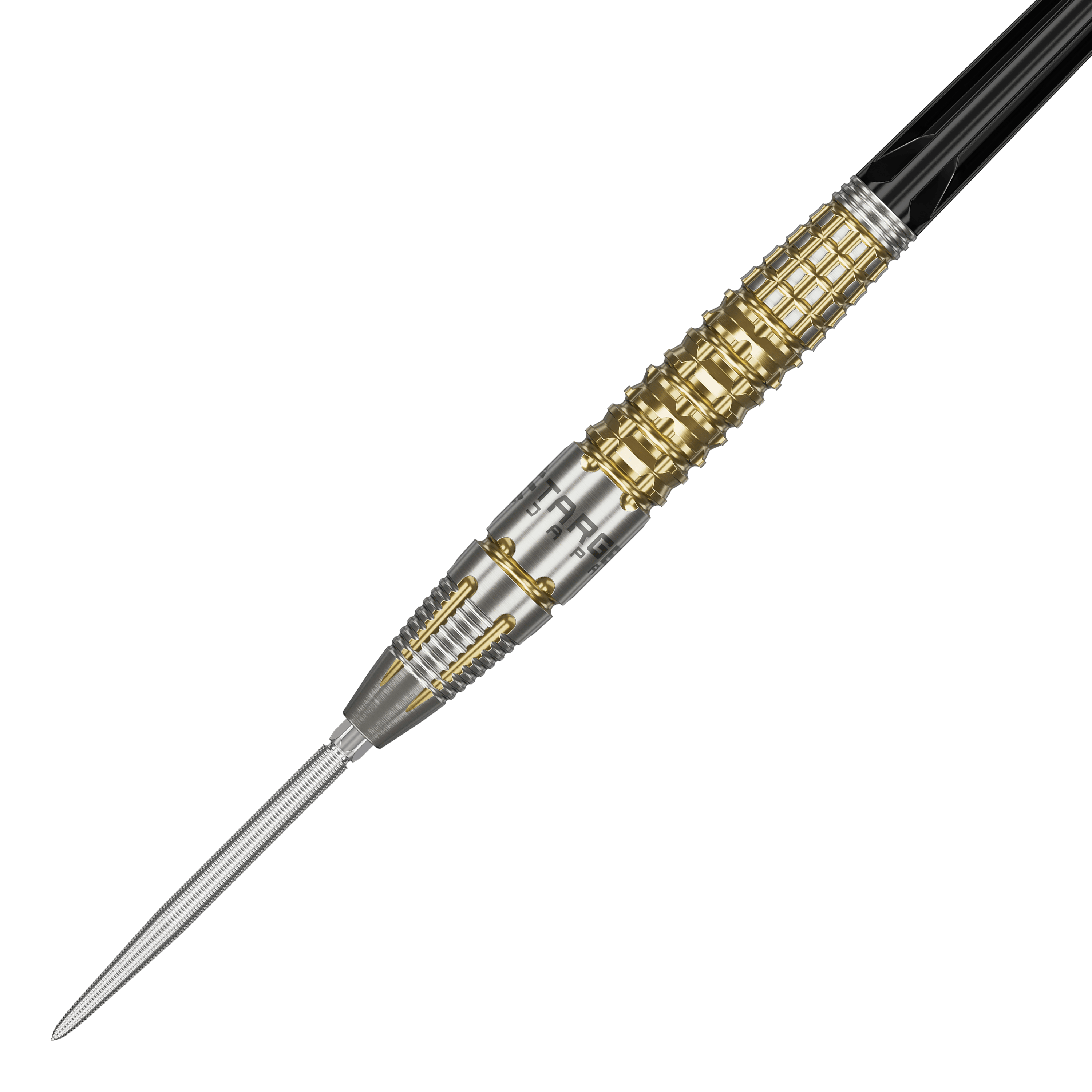 Target Black Marque Warrior Swiss Point Steeldarts Das Bild zeigt einen Target Black Marque Warrior Swiss Point Steeldart. Der Dart ist silber und goldfarben mit auffälligen Rillen und einem spitzen Metallende.