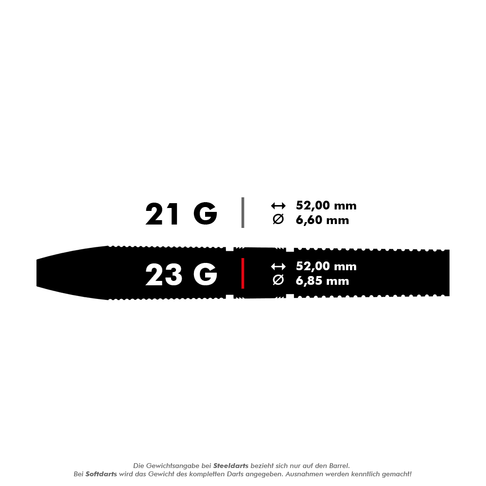 190227_Target_Gabriel_Clemens_Black_Edition_Steeldarts_5_23g Das Bild zeigt die technischen Daten eines Steeldarts mit 23 Gramm Gewicht. Die Länge beträgt 52,00 mm und der Durchmesser 6,85 mm.