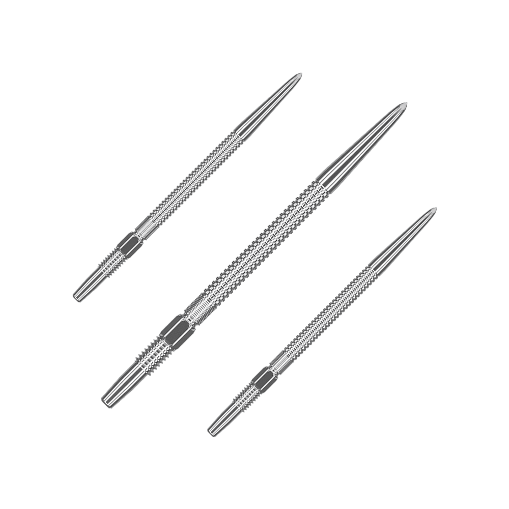 Target Swiss Point GRD Silver Dartspitzen Das Bild zeigt drei silberne Dartspitzen des Produkts „Target Swiss Point GRD Silver Dartspitzen“. Die Spitzen sind länglich, metallisch und haben eine geriffelte Oberfläche für besseren Halt.