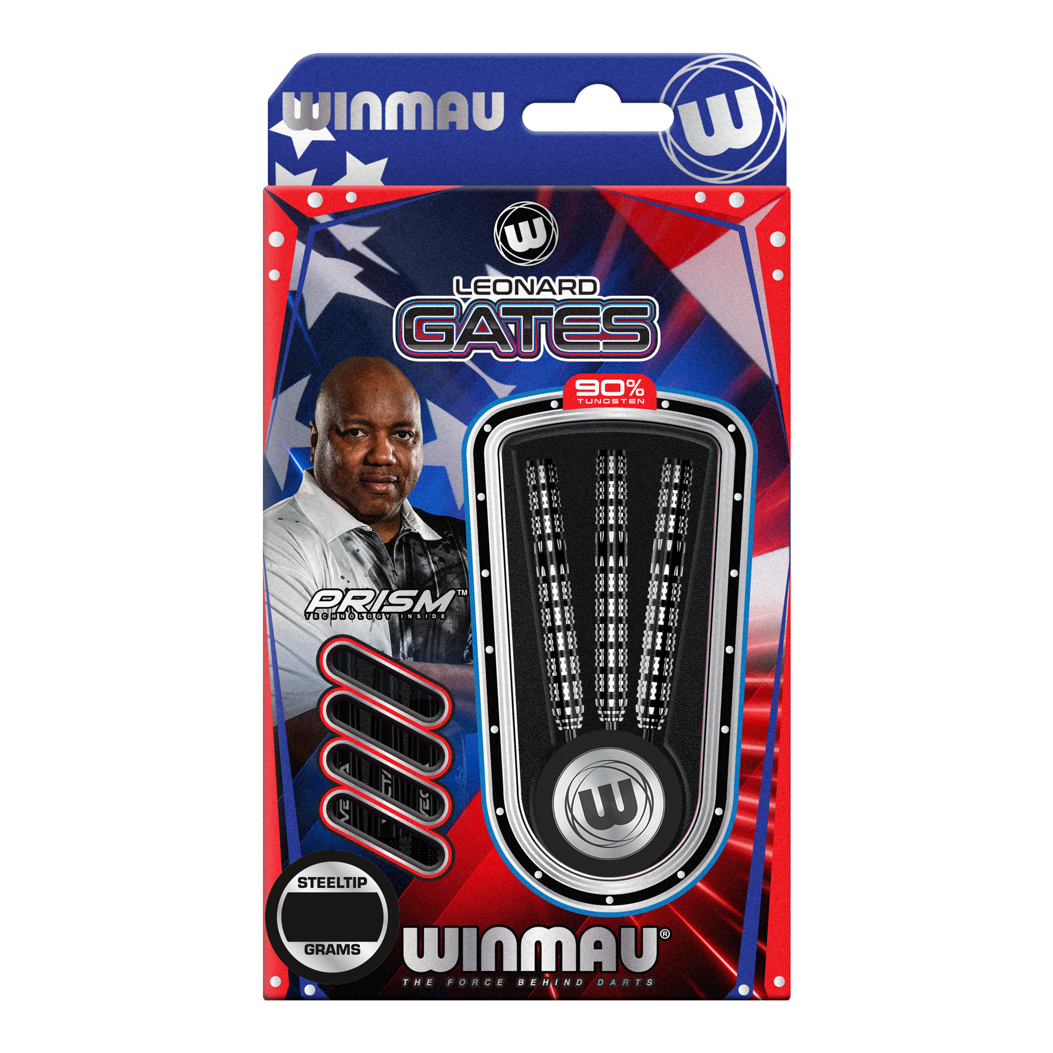 Das Bild zeigt eine Verpackung der "Winmau Leonard Gates Steeldarts". Auf der Verpackung sind drei Darts sowie ein Bild von Leonard Gates abgebildet.
