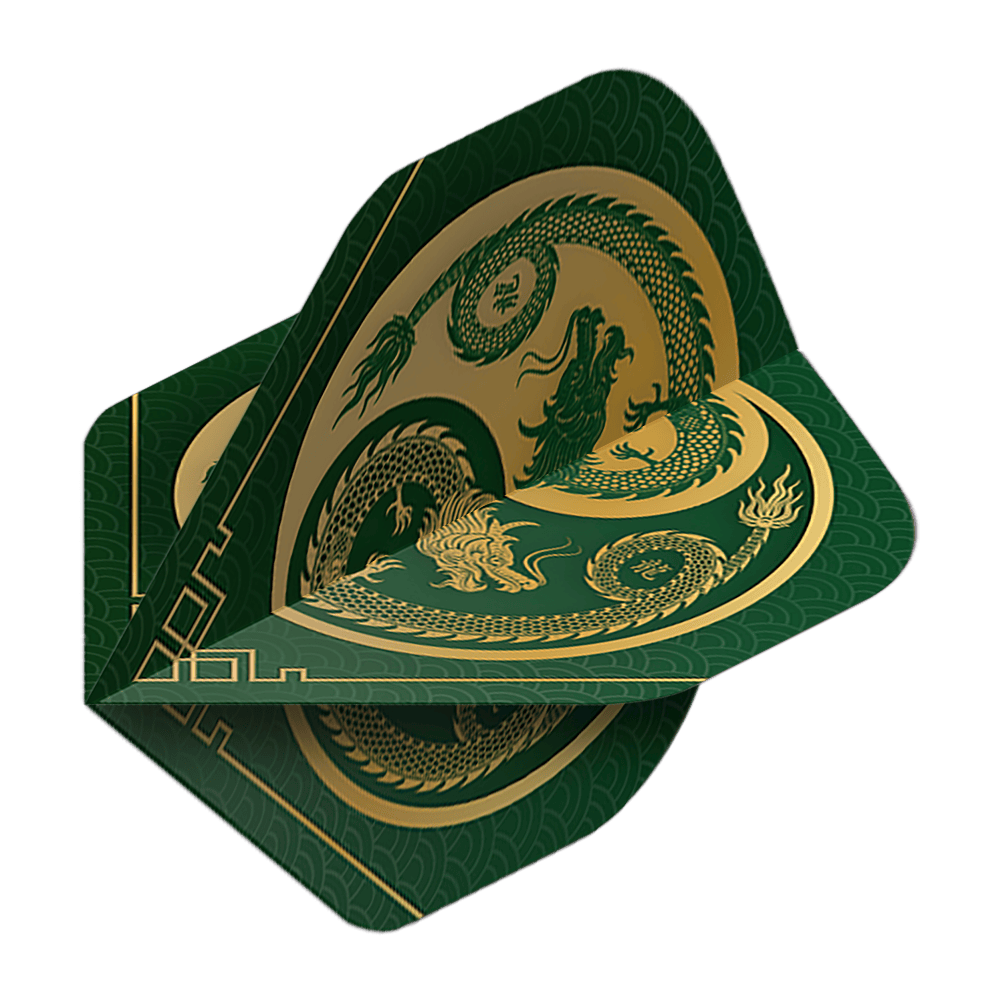 Pentathlon Flights Dragon grün Das Bild zeigt die Pentathlon Dragon 3 Standard Flights. Sie sind grün mit einem goldenen Drachenmotiv verziert.