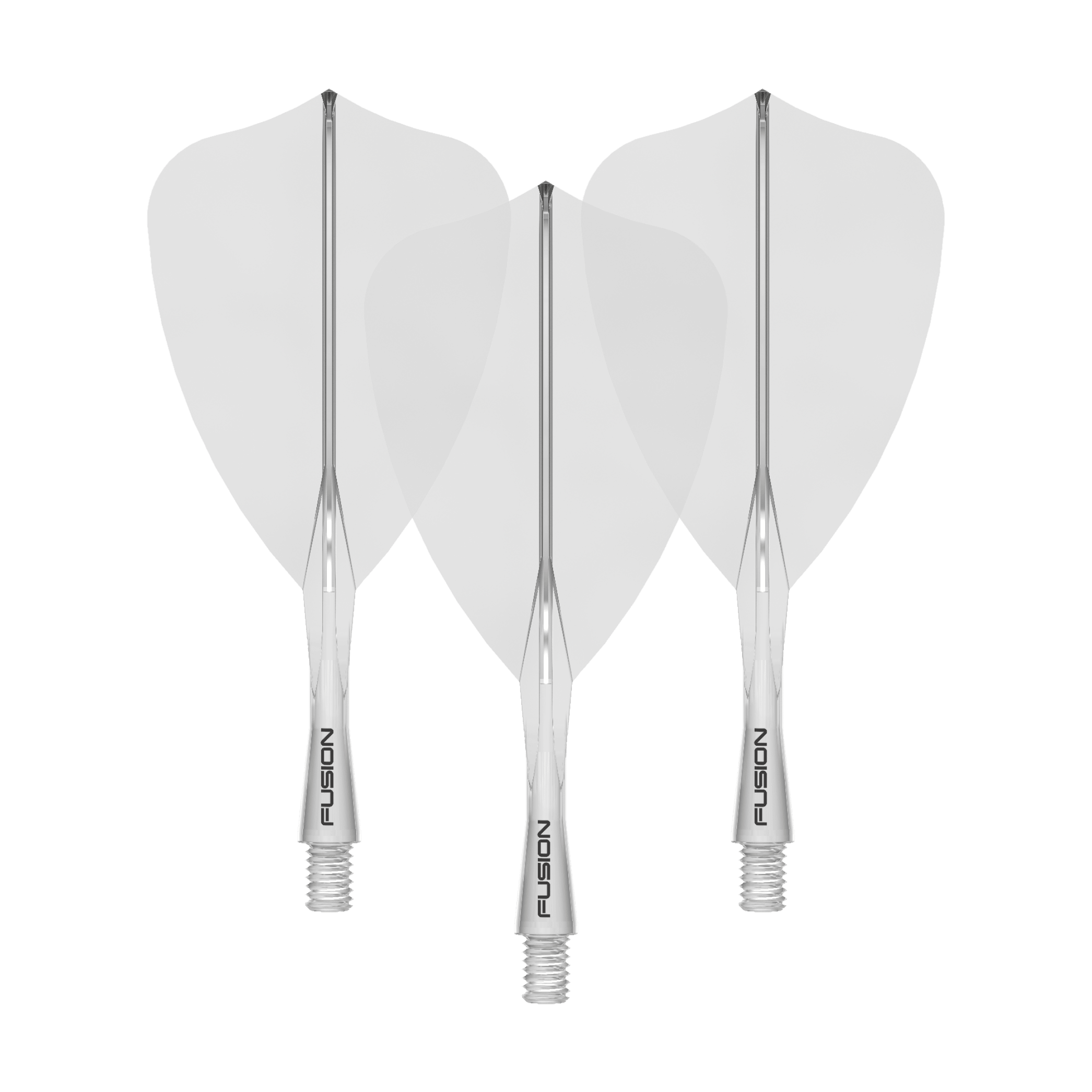 Winmau Fusion Flight-Shaft-System Arrow Clear Das Bild zeigt ein Winmau Fusion Flight Shaft System Arrow, klar und 22mm lang. Es handelt sich um ein Set von Schäften für Dartpfeile.