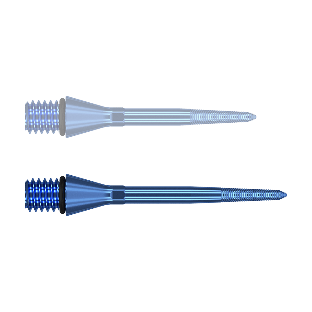 380165_Target_Titanium_Swiss_Point_Nano_Conversion_Points_Blau_30mm_19RAmoPg0rMZ2n Das Bild zeigt zwei blaue, spitz zulaufende Metallspitzen mit Schraubgewinde am Ende. Sie sind identisch und nebeneinander ausgerichtet.