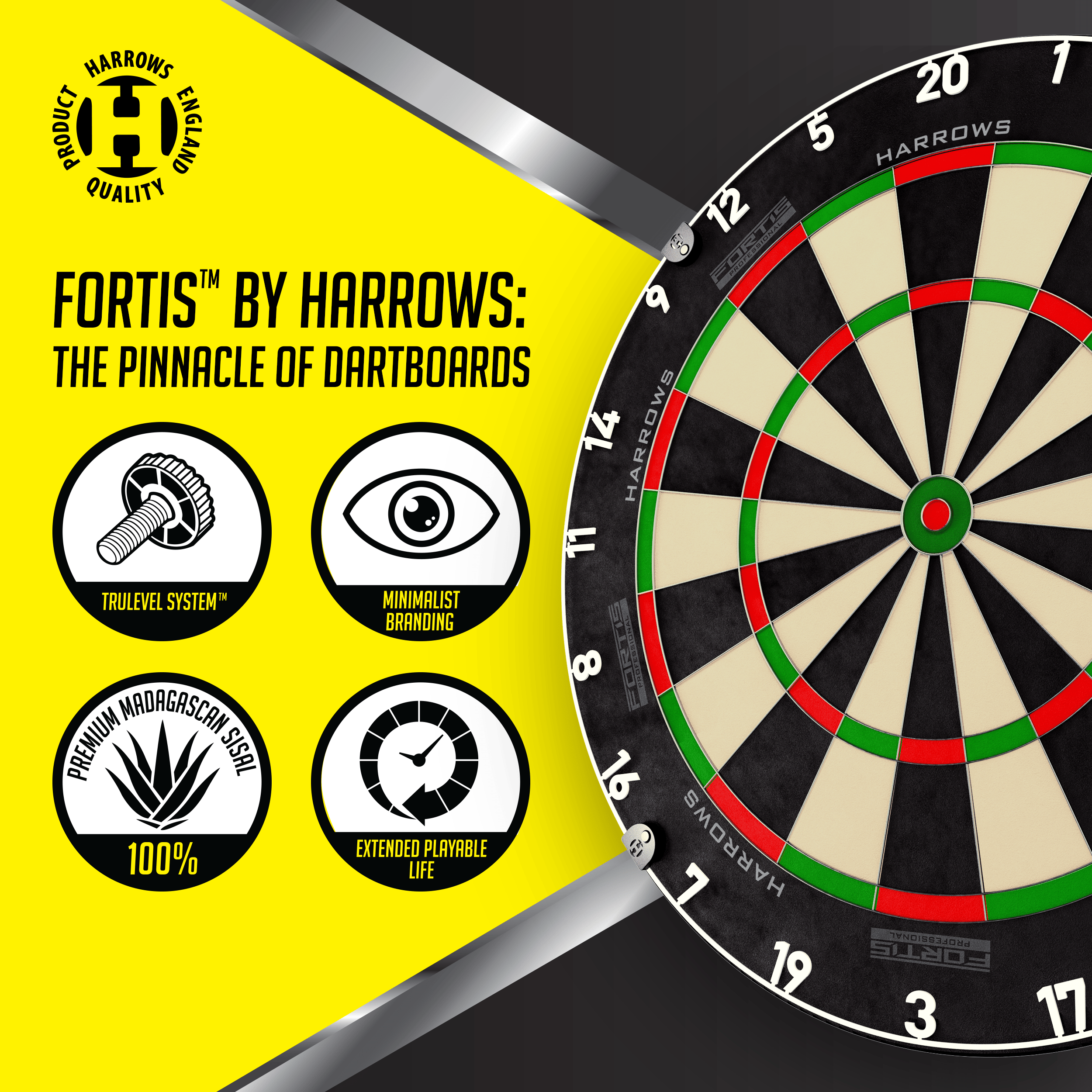 Harrows Fortis Steeldartboard Das Foto zeigt ein Harrows Fortis Steeldartboard. Es ist für professionelle Dartspieler geeignet.