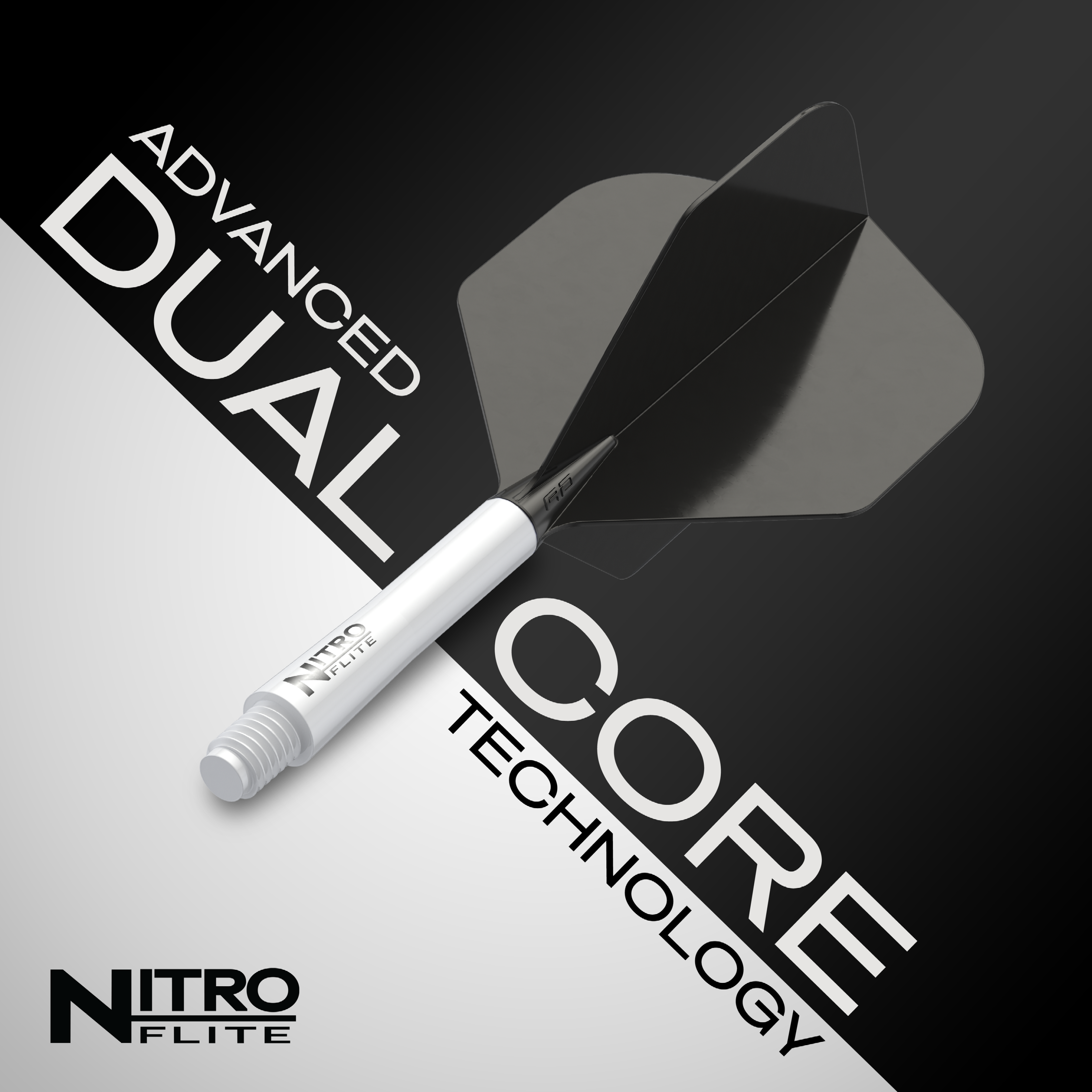 Red Dragon Nitroflite - White Shaft Black No2 Flights Das Bild zeigt das Produkt „Red Dragon Nitroflite – Weißer Schaft, schwarze No2 Flights“. Im Hintergrund steht in großen Buchstaben „Advanced Dual Core Technology“.