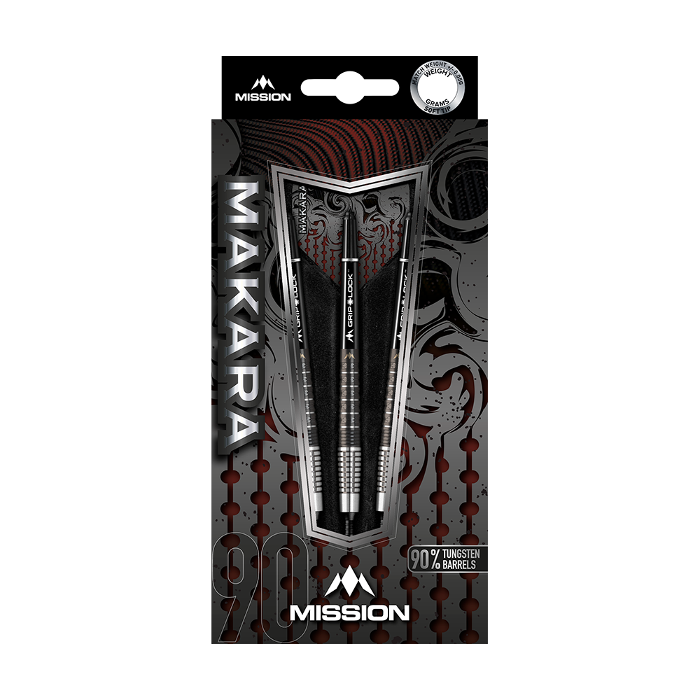 Mission Makara M2 Softdarts - 20g Das Bild zeigt die Verpackung der Mission Makara M2 Softdarts mit einem Gewicht von 20g. Die Darts bestehen zu 90 % aus Tungsten und sind ansprechend gestaltet.