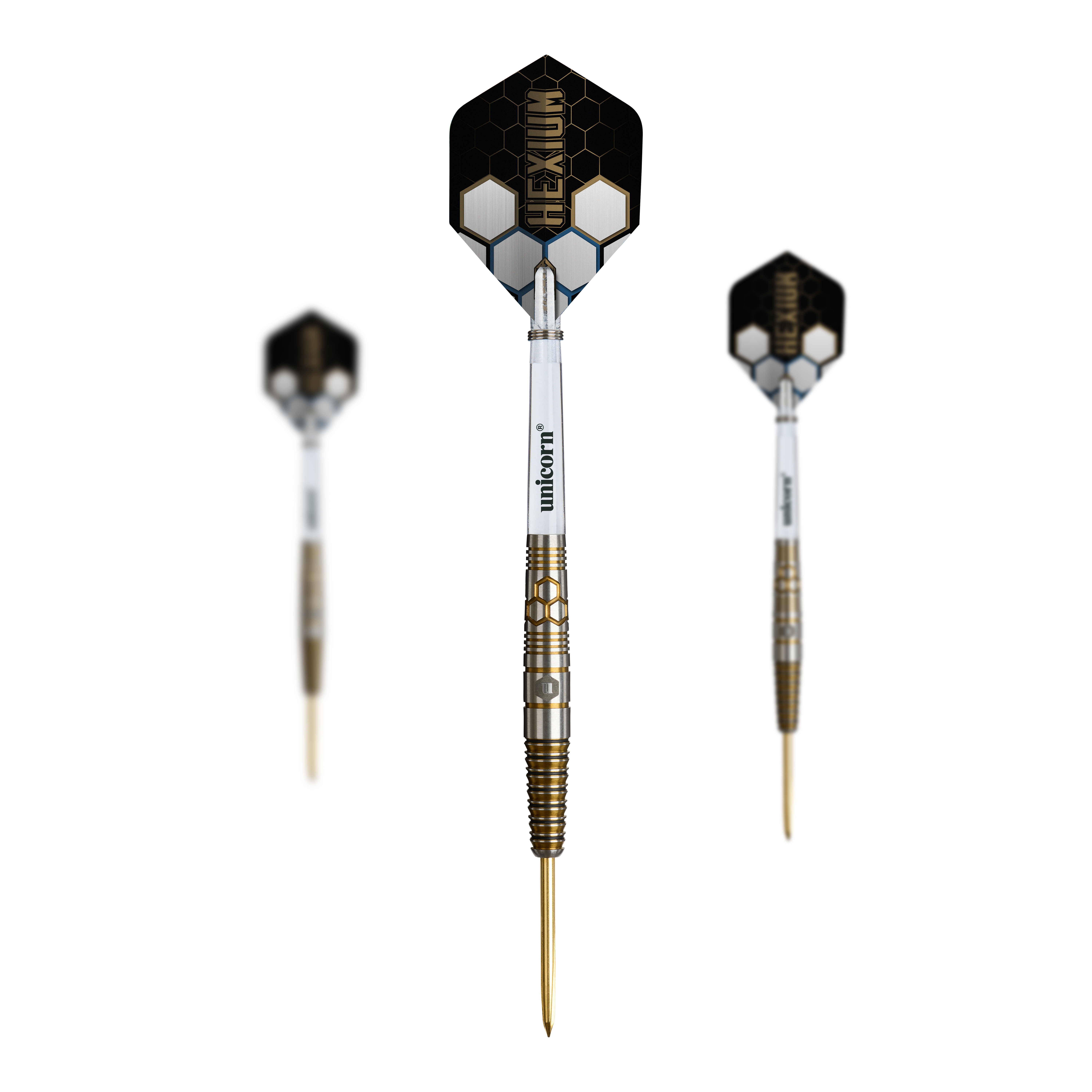 Unicorn Hexium Style 03 Gold & Black Steeldarts Dieses Bild zeigt das Set der Unicorn Hexium Style 03 Gold & Black Steeldarts. Mehrere Darts im Gold und Schwarz Look liegen als Set zusammen.