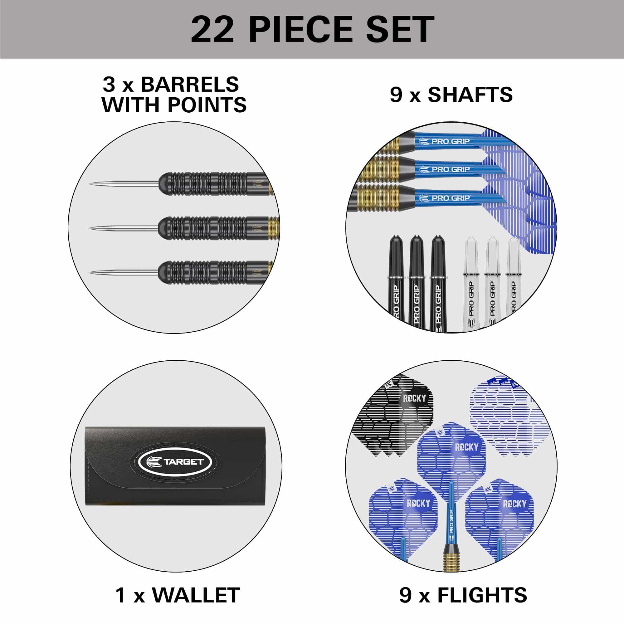 Target Josh Rock Brass Steeldarts - 22g Das Bild zeigt ein 22-teiliges Set von Target Josh Rock Brass Steeldarts - 22g. Es enthält 3 Barrels mit Spitzen, 9 Shafts, 9 Flights und ein Wallet.