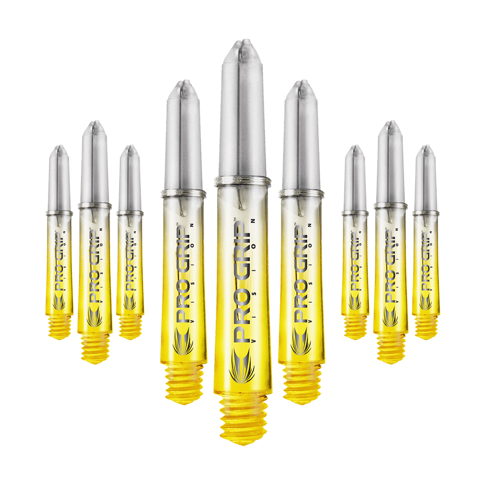 Target Pro Grip Vision Shafts - 3 Sets - Gelb Das Bild zeigt neun gelbe Dartschäfte mit silberfarbenen Spitzen, auf denen "PRO GRIP VISION" steht. Sie sind in einer leicht gebogenen Reihe angeordnet.