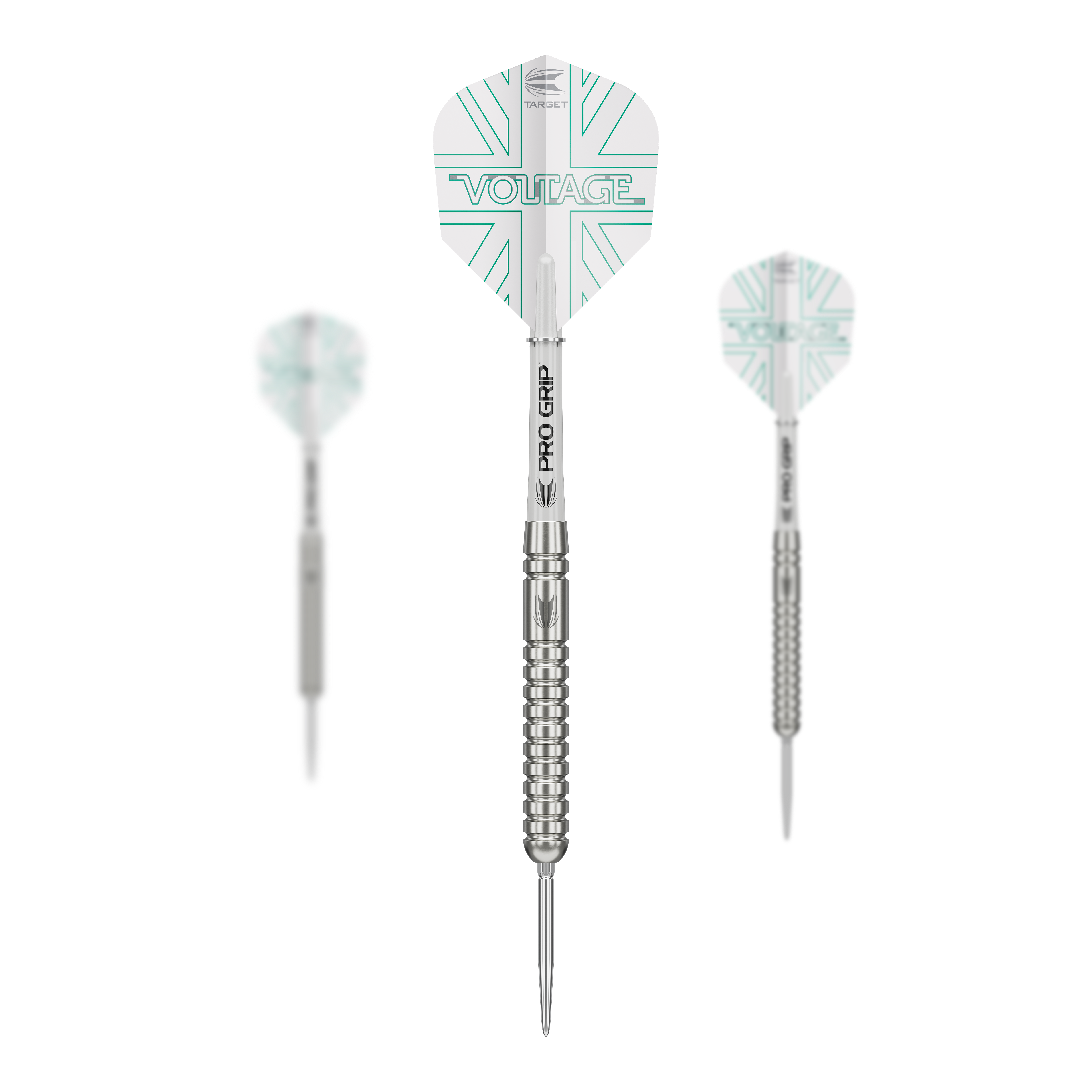 Target Rob Cross Voltage Swiss Point Steeldarts Das Bild zeigt drei Steeldarts der Marke "Target Rob Cross Voltage Swiss Point". Die Darts haben silberne Spitzen und Schäfte sowie weiße Flights mit türkisen Linien und der Aufschrift "VOLTAGE".