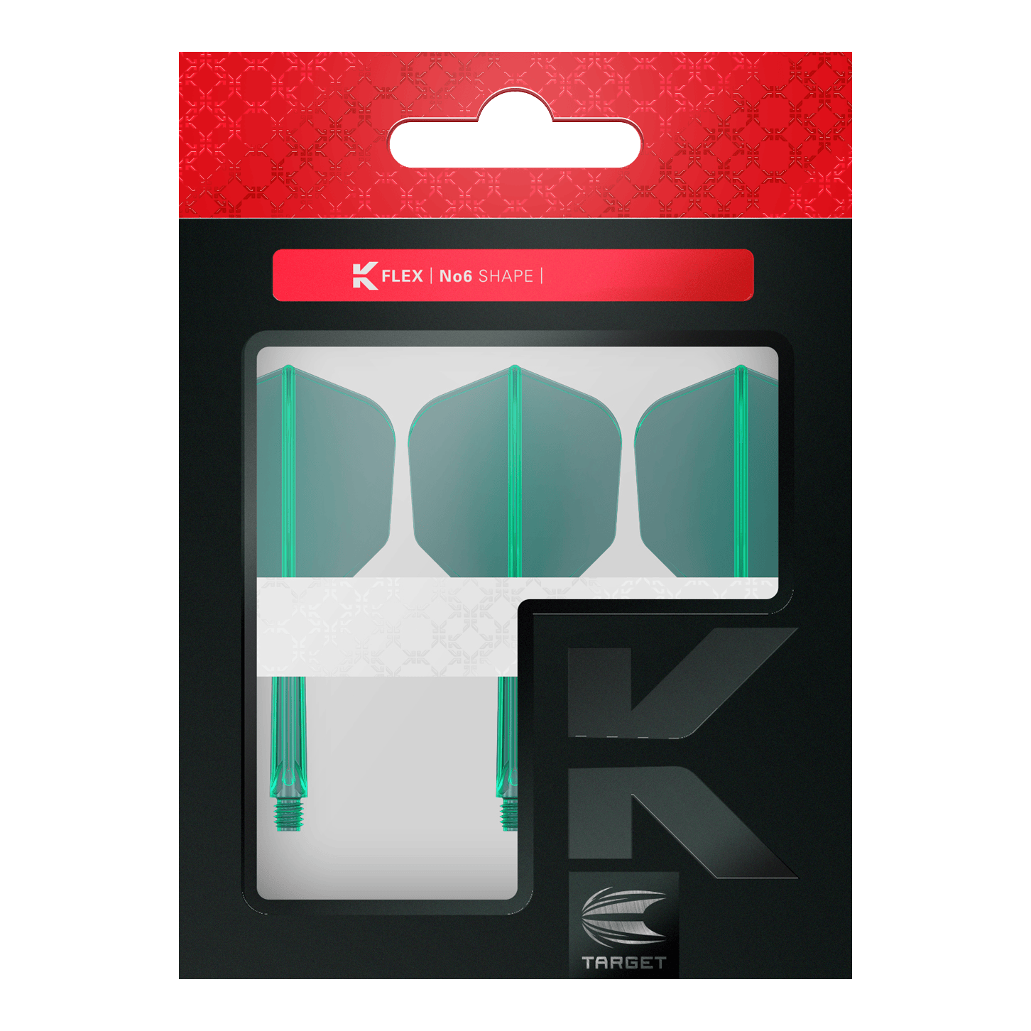 Target K-Flex No6 Flight-System - Gruen Das Bild zeigt eine Verpackung mit drei grünen Dartflügen und Schäften der Marke Target. Die Packung trägt die Aufschrift "K FLEX | No6 SHAPE".