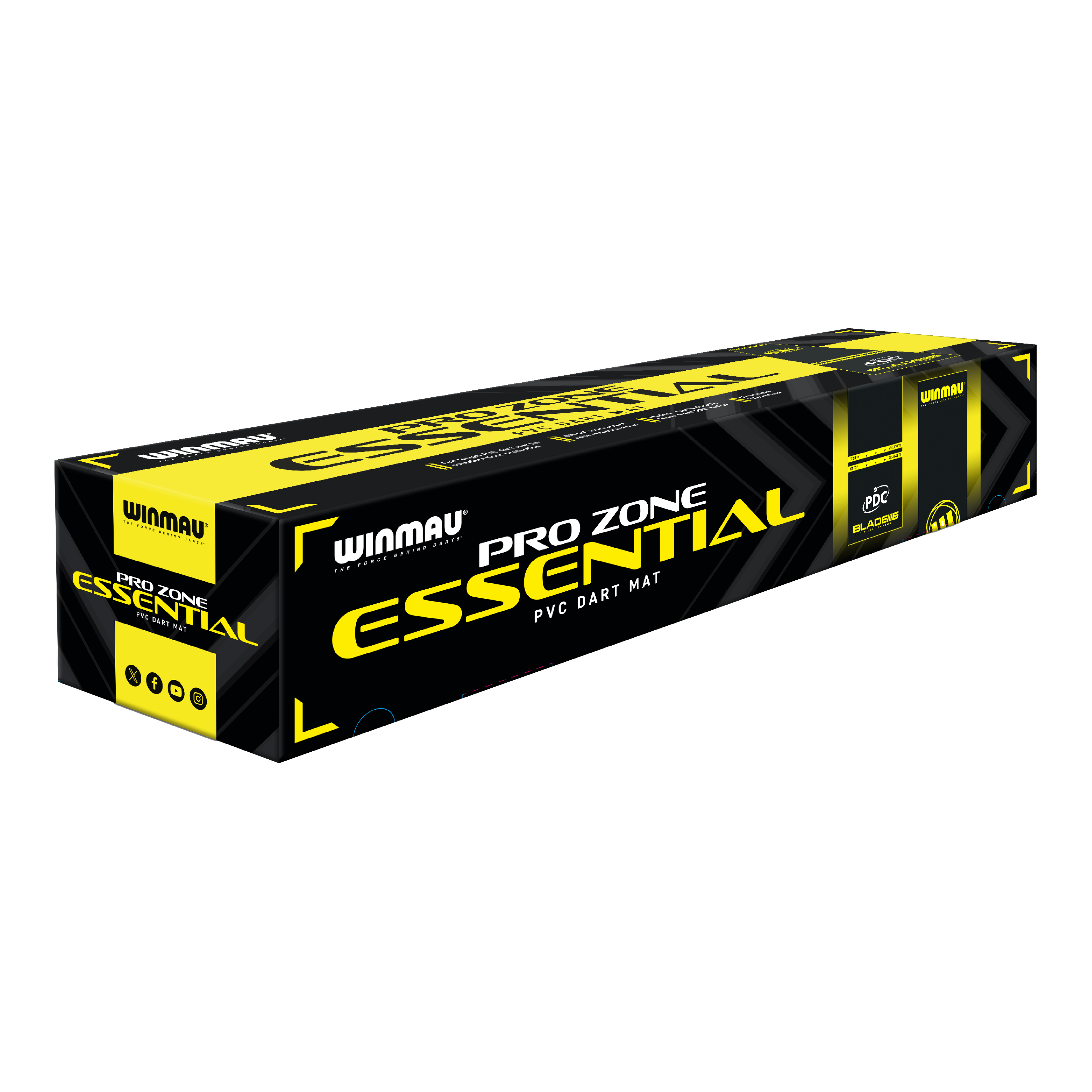 Winmau Pro-Zone Essential PVC Dartmatte Die Abbildung zeigt die Verpackung der 'Winmau Pro-Zone Essential PVC Dartmatte'. Die Box ist in den Farben Schwarz und Gelb gestaltet und trägt deutlich das Produktlogo.