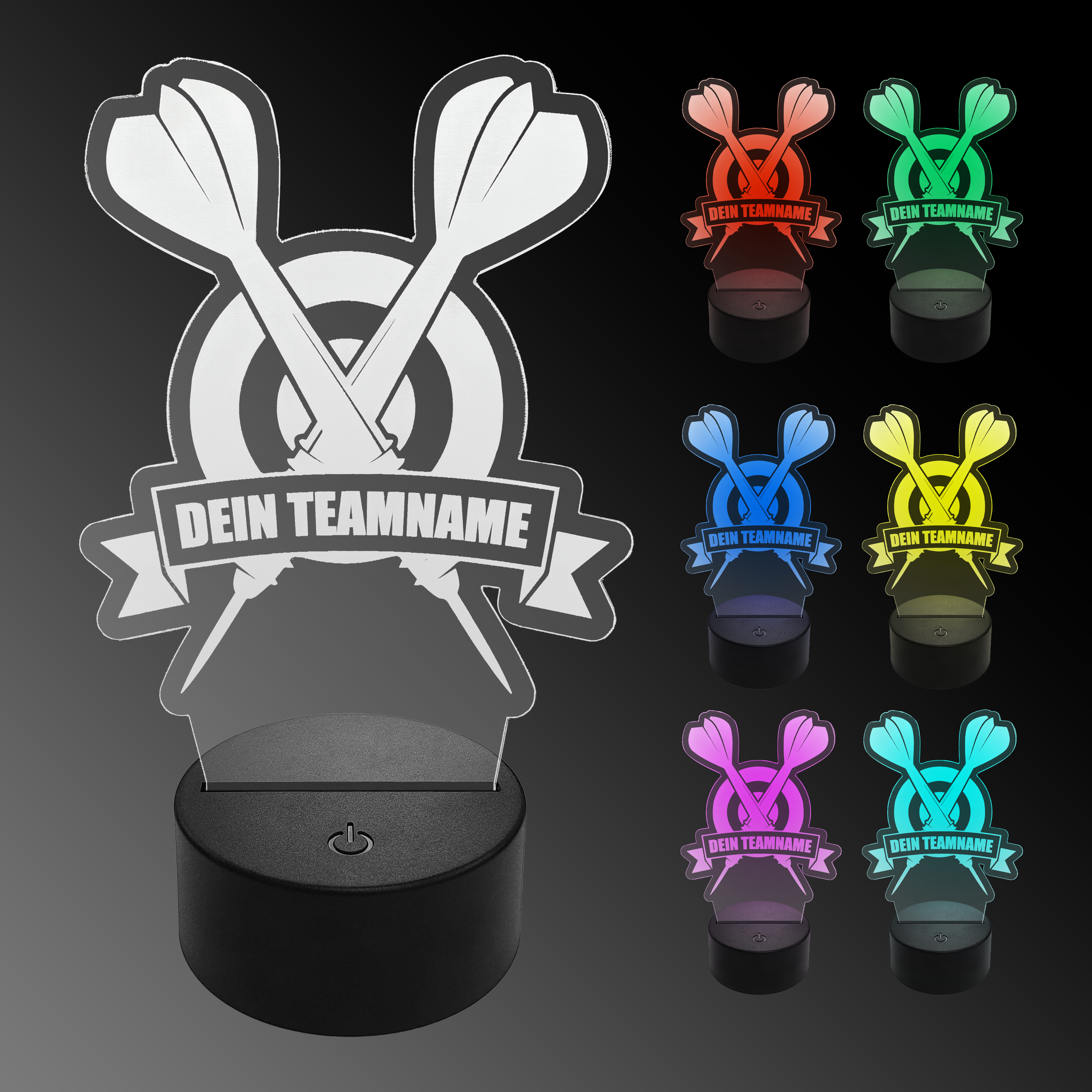 LED Plexiglas Dartlampe mit Wunschtext Das Bild zeigt eine LED-Lampe in Form von zwei gekreuzten Dartpfeilen mit der Aufschrift "Dein Teamname". Rechts daneben sind die Lampe in sechs verschiedenen Farben (Rot, Grün, Blau, Gelb, Pink und Türkis) abgebildet.