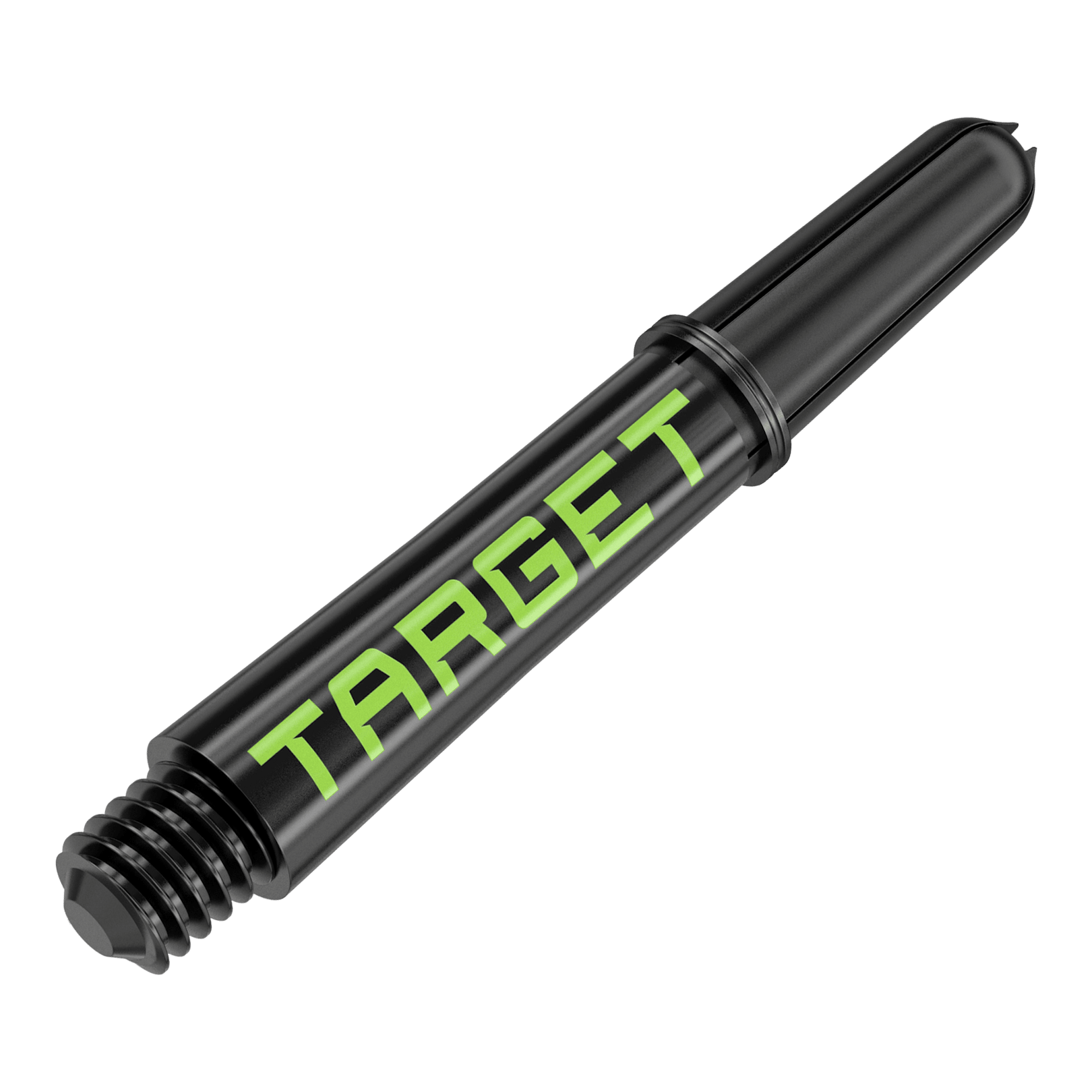 Target Pro Grip TAG Shafts - 3 Sets - Schwarz Grün Dies ist ein schwarzer Dartschaft mit grünem "TARGET"-Schriftzug. Er hat ein Schraubgewinde an einem Ende und ist 34 mm lang.