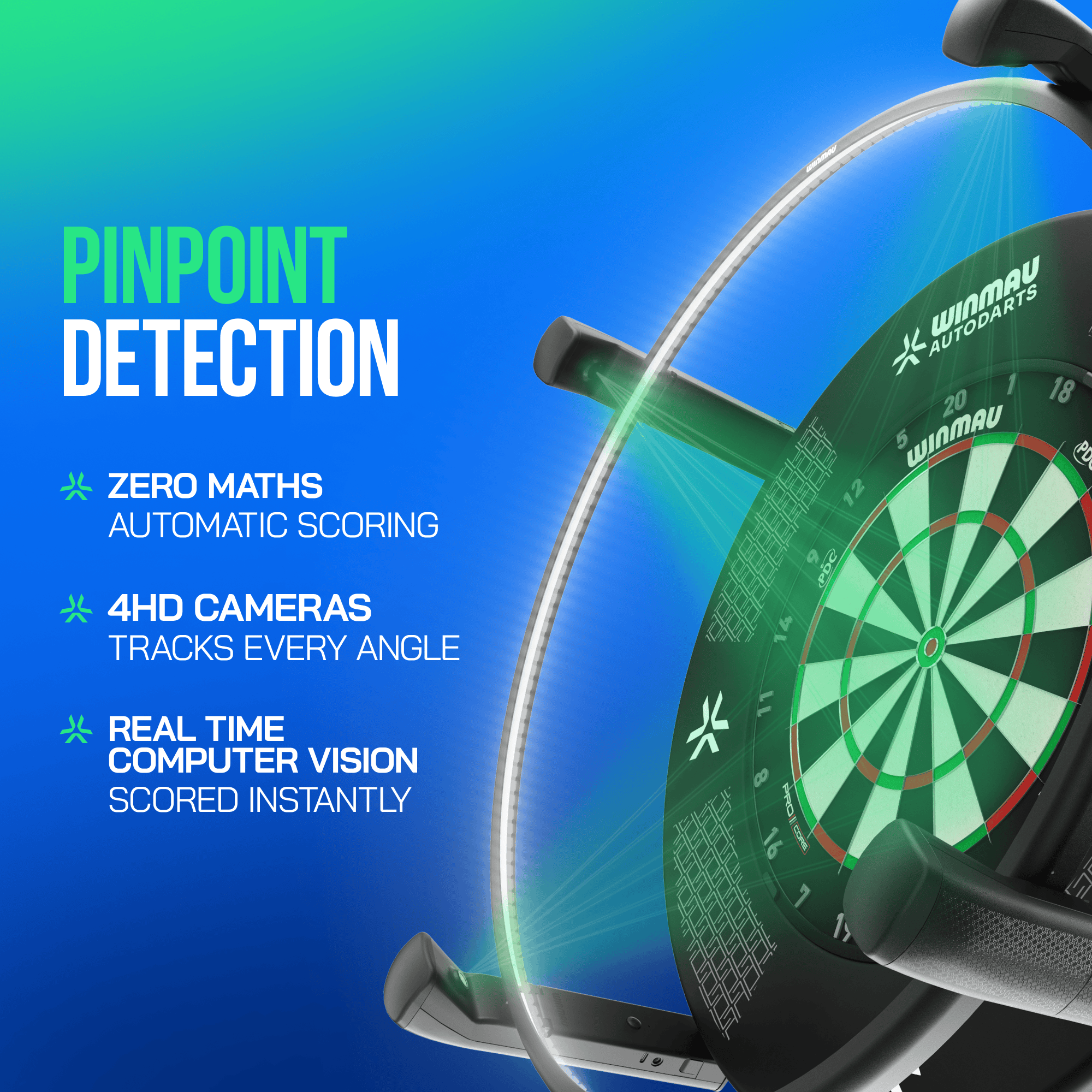 Winmau Autodarts X Autoscoring-System Abgebildet ist das Winmau Autodarts X Autoscoring-System. Das System nutzt innovative Technik zur automatischen Punkteermittlung im Darts.
